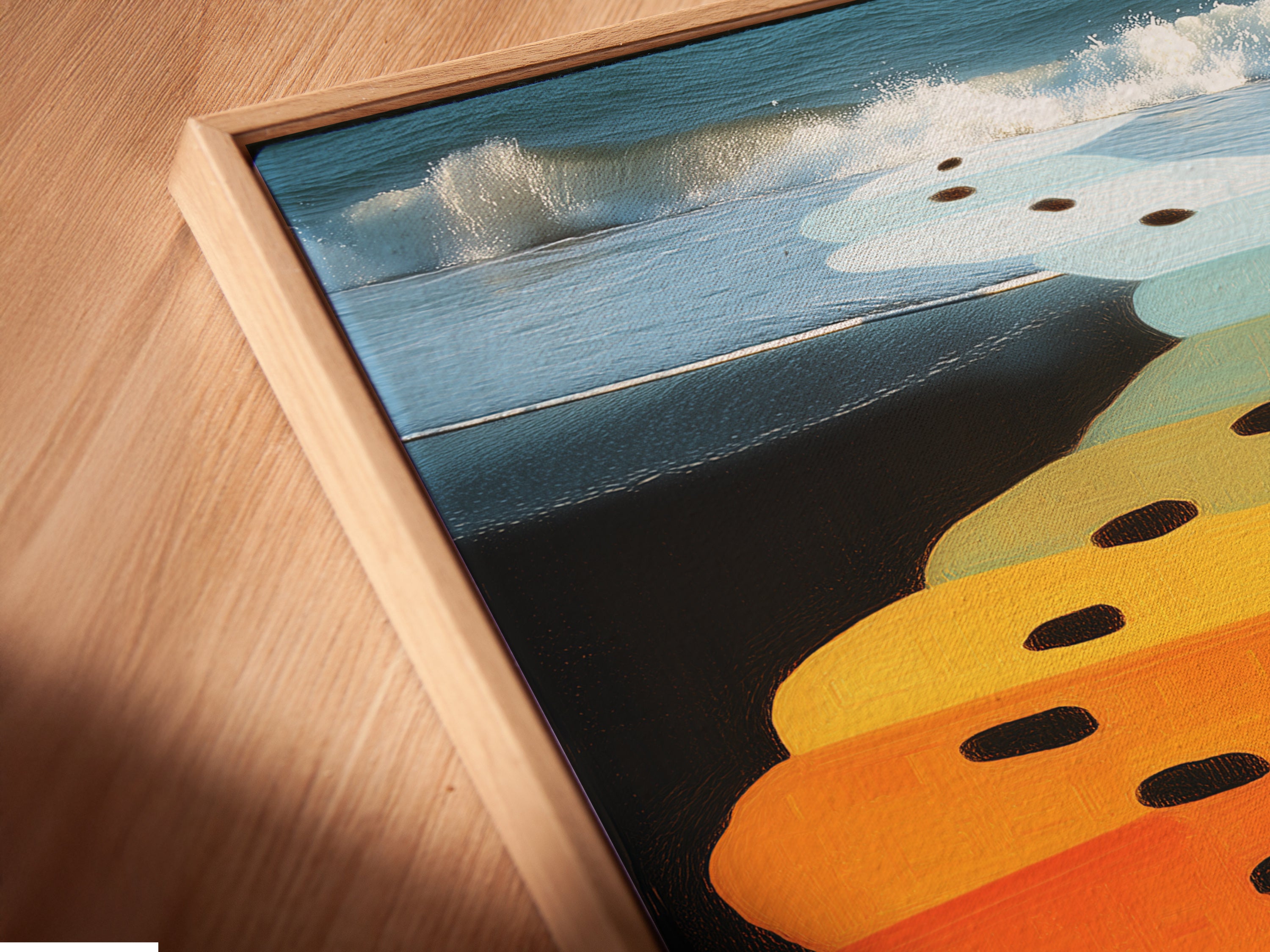 Here is a close-up of a canvas print in a floating frame. The floating frame gives the artwork a modern and sophisticated look. The colorful beach path art piece is perfect for adding a touch of coastal style to your home. It is ideal for living rooms bedrooms and offices.
