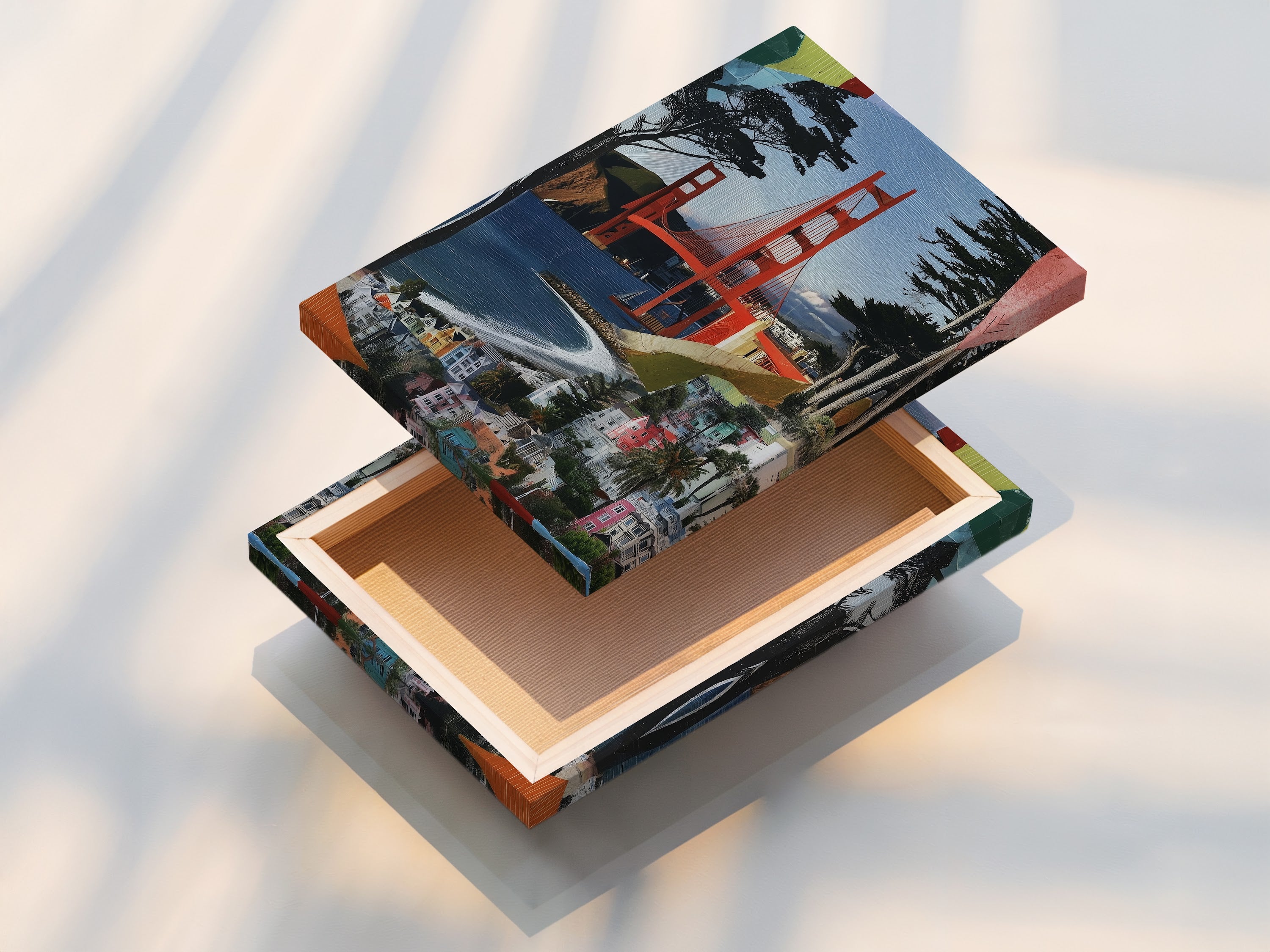 This is a stretched canvas print of the Golden Gate Bridge artwork. Ready to hang San Francisco wall art for any space. Perfect for adding a touch of California to your home or office. This bridge canvas is a must-have.