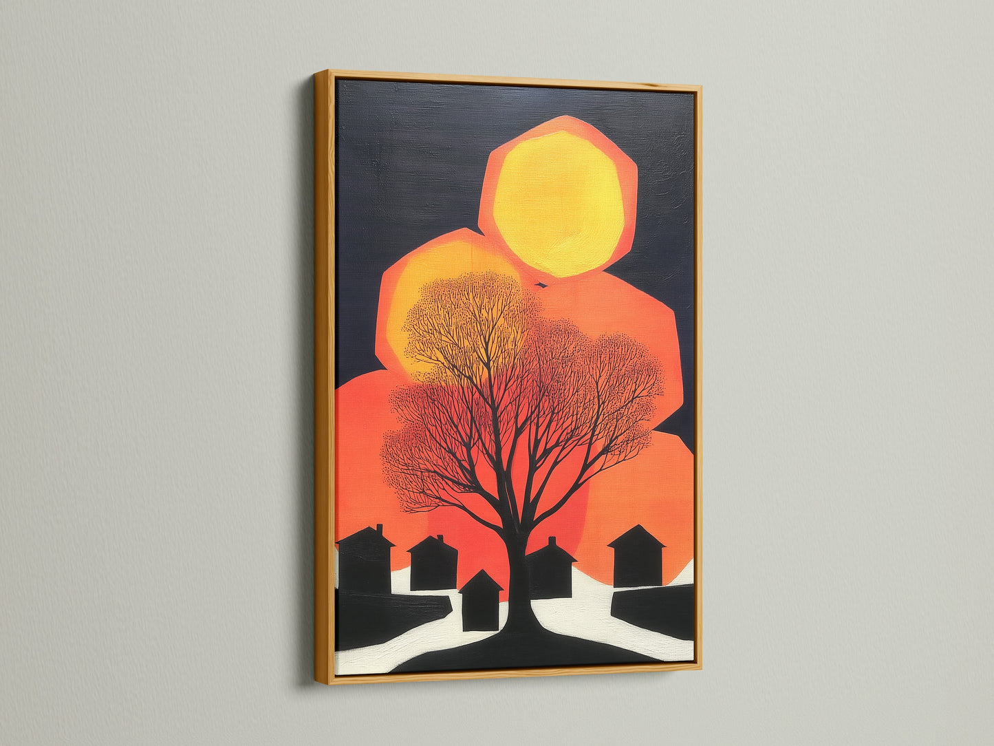 Abstract tree artwork in a gold frame. This vibrant art print adds a touch of luxury to your walls. The orange and black artwork complements any style. See how this modern canvas art elevates your space.