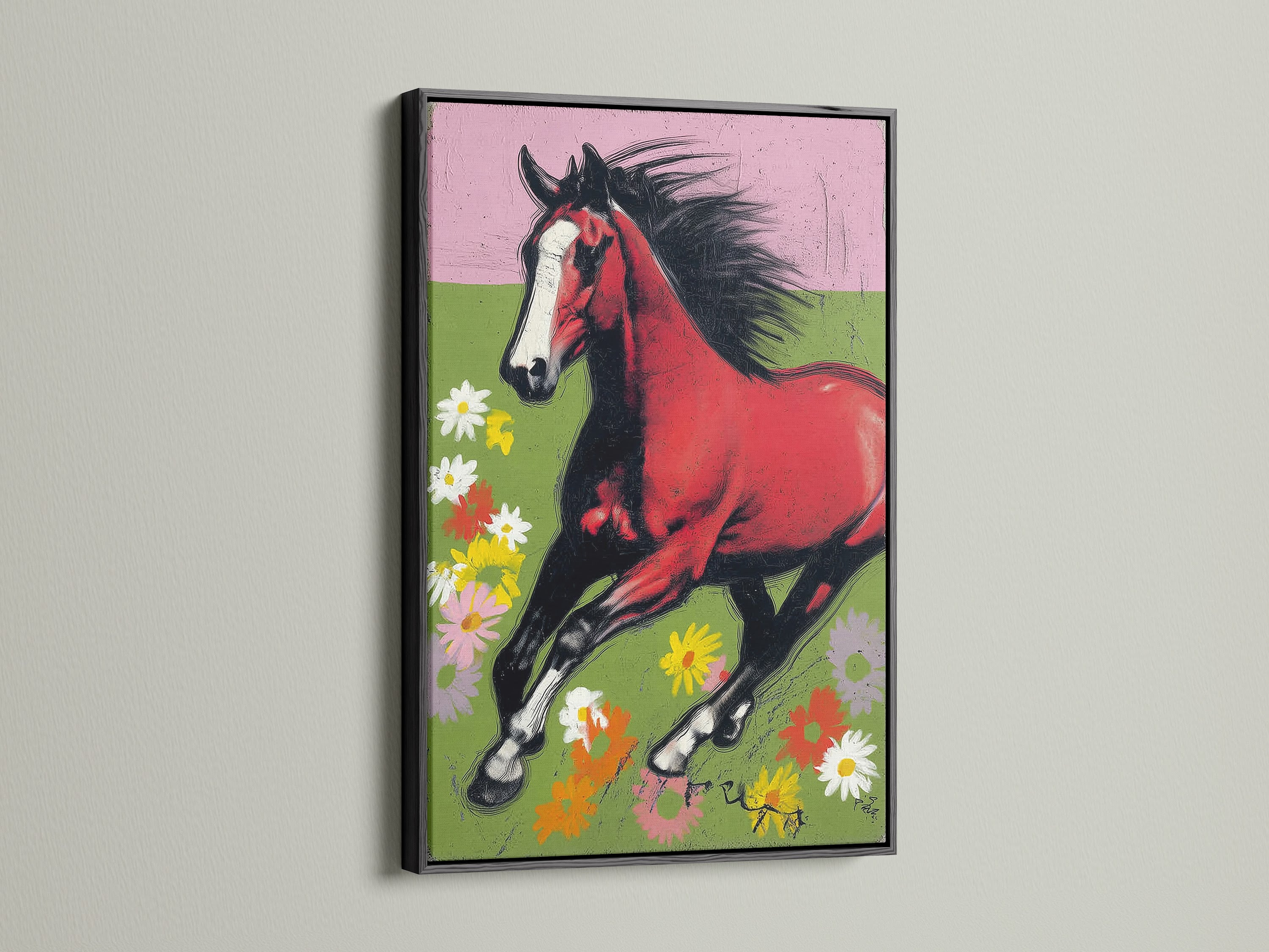 This image features a striking bay horse print in a sleek black frame. The artwork showcases a horse galloping through a floral meadow. The black frame adds a modern touch to the rustic artwork. Ideal for contemporary or farmhouse decor. A perfect piece for horse lovers and art collectors.