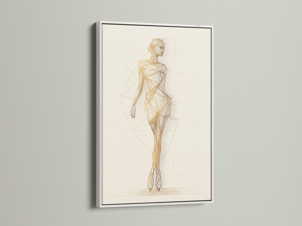 Ballet Dancer Art Print with white frame on a white wall. This neutral wall art is a beautiful piece for studio wall decor. It is a figure sketch art that enhances living rooms studios boutiques or offices. This contemporary artwork is chic and sophisticated.