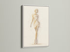 Ballet Dancer Art Print with white frame on a white wall. This neutral wall art is a beautiful piece for studio wall decor. It is a figure sketch art that enhances living rooms studios boutiques or offices. This contemporary artwork is chic and sophisticated.