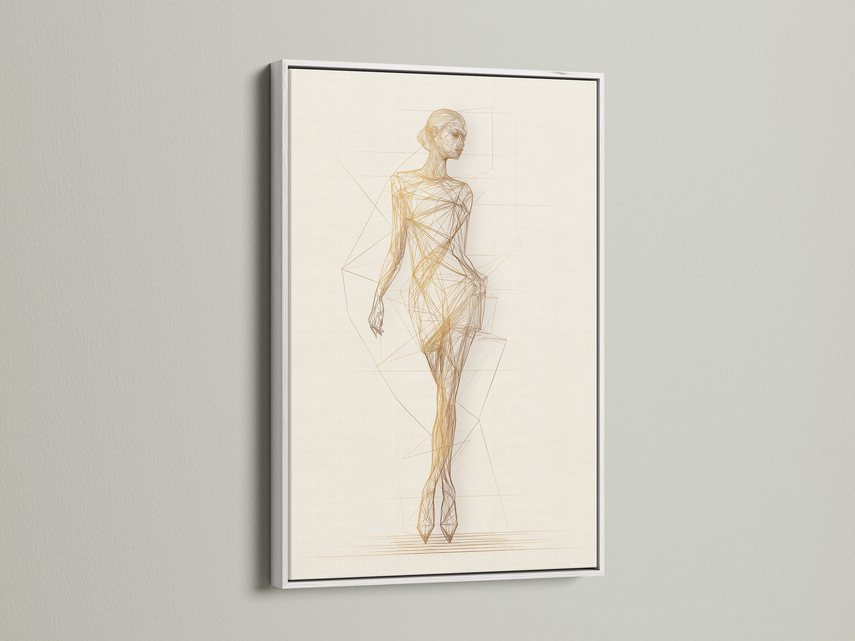 Ballet Dancer Art Print with white frame on a white wall. This neutral wall art is a beautiful piece for studio wall decor. It is a figure sketch art that enhances living rooms studios boutiques or offices. This contemporary artwork is chic and sophisticated.
