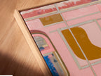 Close-up of the Pink Subway Art Print in a floating frame. The artwork is a modern urban transit poster for contemporary apartment decor. This close up shows the fine art details. It is perfect for homeowners renters interior designers and stagers. The art enhances minimalist urban or modern styles.