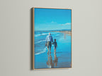 A wall-mounted artwork is showcased with an oak frame. The art piece depicts a man and child walking on the beach. The artwork adds warmth and character to the space. The oak frame complements the artwork beautifully. This piece enhances any room's decor.