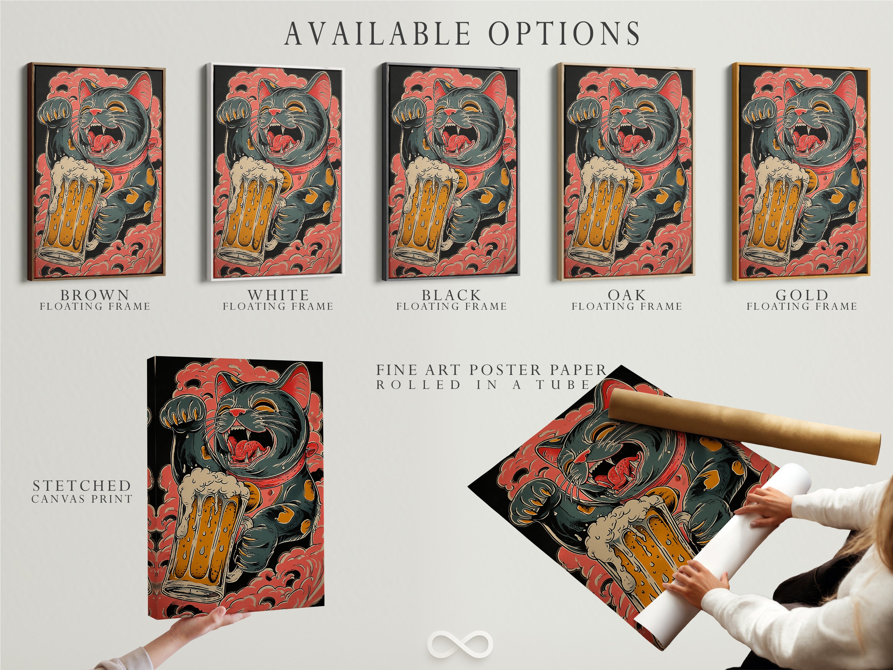 Available options are showcased. Options include a stretched canvas print. Fine art poster paper is also available. You can have it in a floating frame. Explore various display styles to suit your taste.