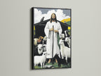 The artwork is displayed in a sleek black frame. The art piece is Jesus with sheep. Black frames offer a classic and bold statement. They add drama and sophistication. This frame makes the colors vibrant. It enhances the artwork's details. Create an elegant look.