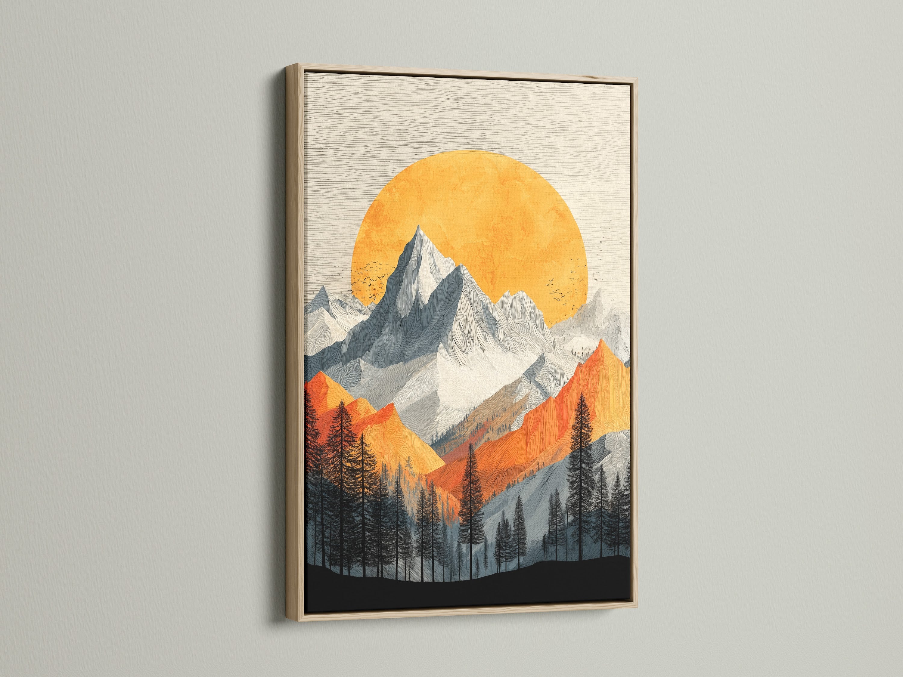 Mountain Sunset artwork displayed in an oak frame. This vintage alpine wall art features orange and gray tones. It is a beautiful nature print suitable for bedroom wall decor. It adds a touch of rustic or Scandinavian charm to your living space with this piece.