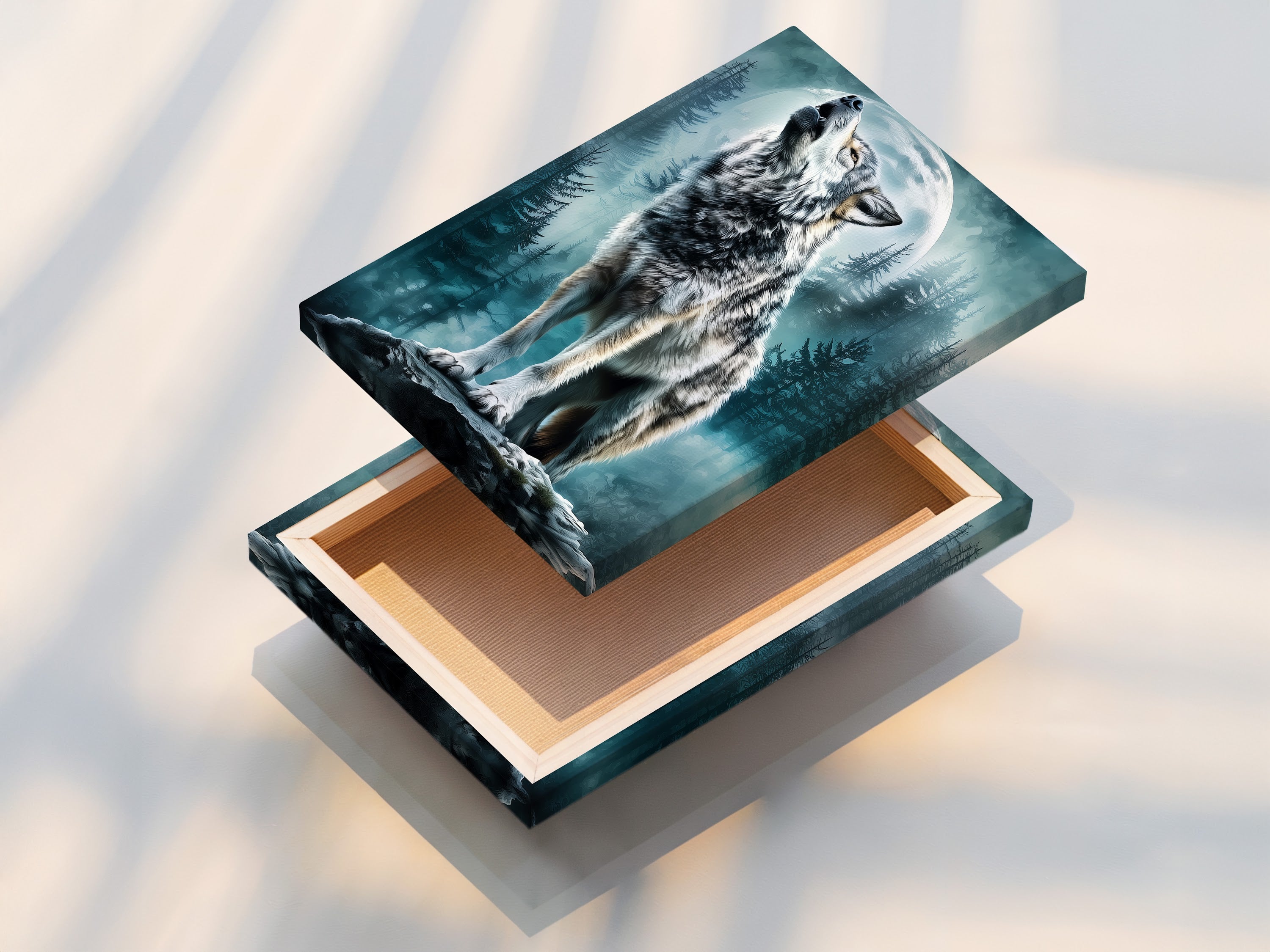 This is a stretched canvas print ready to hang. The wolf artwork wraps around the frame. It creates a seamless and immersive viewing experience. No additional framing is needed. Enhance your space with stretched canvas art.