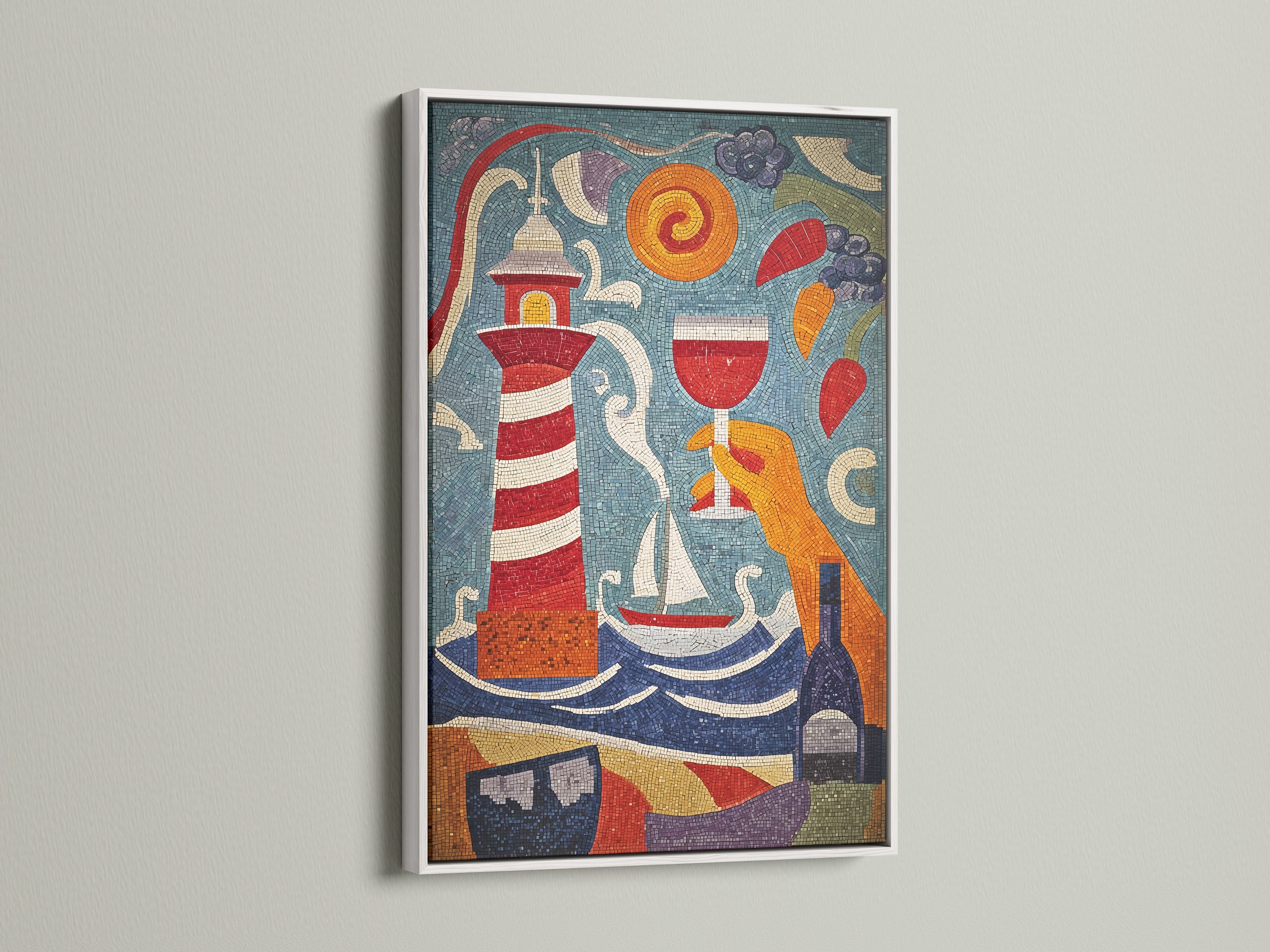 Lighthouse Maritime Artwork with a white frame. The coastal wall art is perfect for any space. This mosaic print captures the essence of the sea. The nautical decor is great for beach houses. This artwork is vibrant and eye-catching.