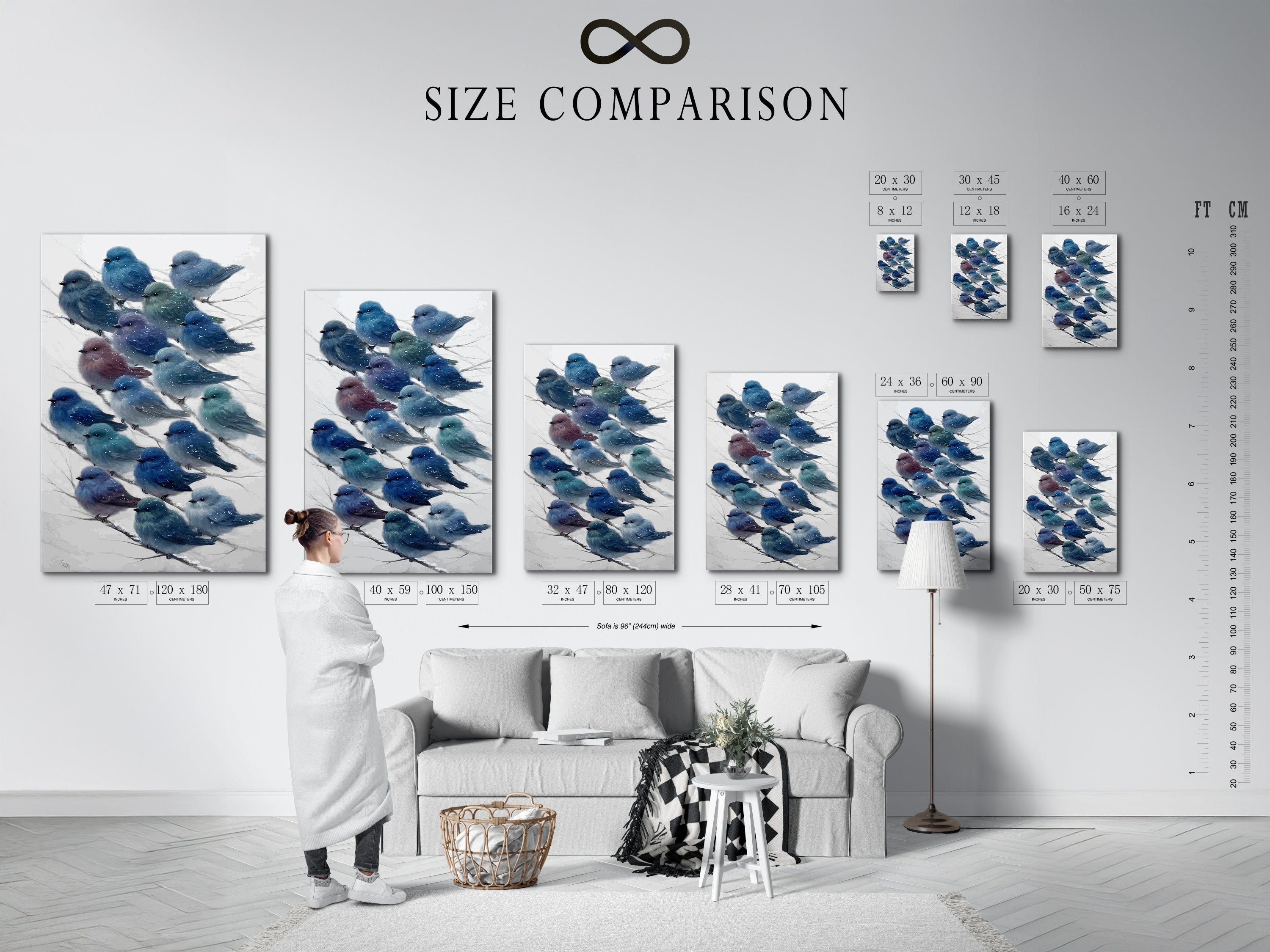 A size comparison chart is displayed in an interior setting. The chart helps visualize the scale of bluebird art prints. The artwork is available in various sizes. Find the perfect fit for your space.