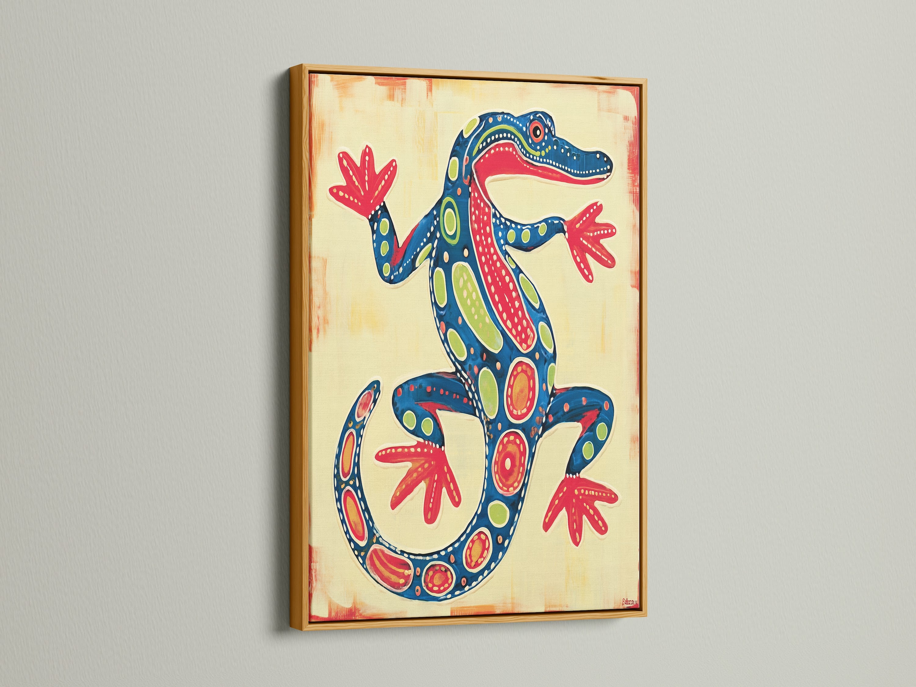 The gold frame adds a touch of luxury to the lizard artwork. This vibrant art is perfect for a nursery wall. The gold frame complements the colorful print beautifully. The reptile decor is ideal for bohemian interiors. Discover this unique artwork.