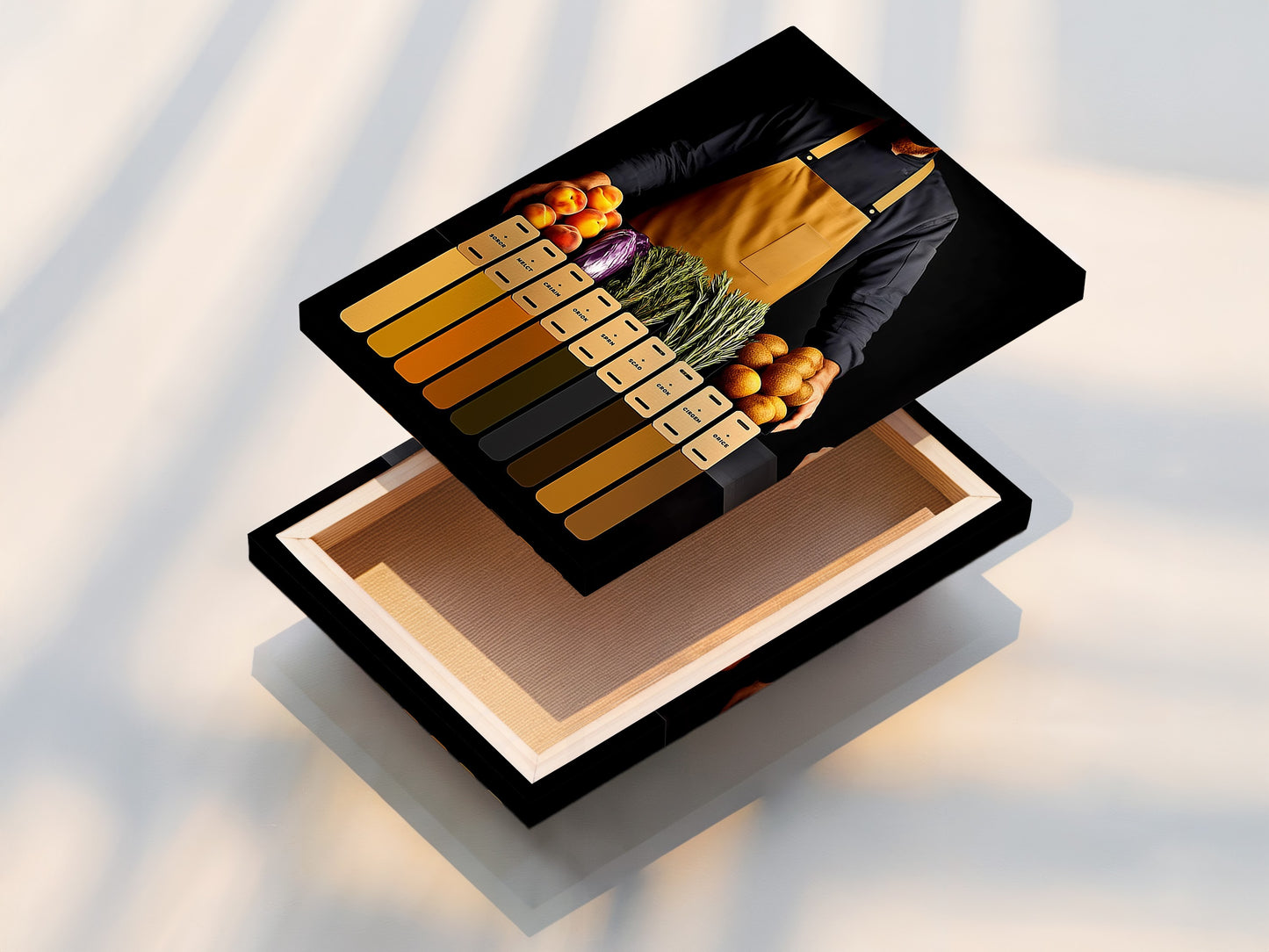 A stretched canvas print of a Culinary Still Life artwork. This kitchen wall art is modern foodie art for dining room decor.  It will add a touch of sophistication to any space. Ideal for chefs and restaurant owners. The gourmet art is perfect for dining rooms.