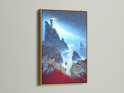 Lighthouse Seascape artwork in a gold frame. This coastal wall art exudes elegance and charm. The dramatic ocean view is highlighted by the gold frame.  Ideal for adding a touch of luxury to nautical decor. The artwork captures a serene sea landscape with rich colors