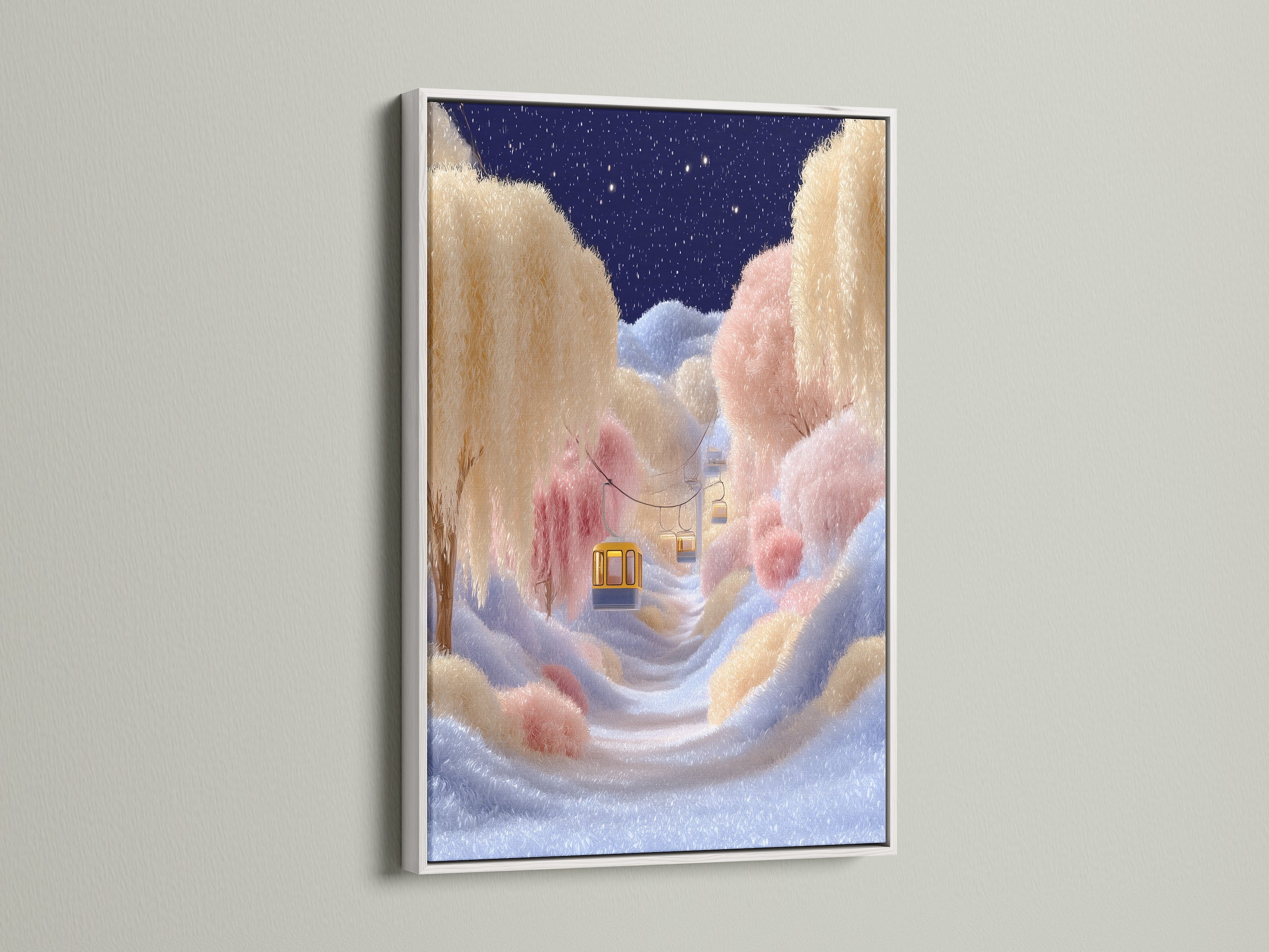 Dreamy Cloud Landscape Art in a white frame. This art adds a fresh look to your nursery wall or bedroom.  It's a soft pastel print with a fantasy feel. Perfect for light and airy decor.