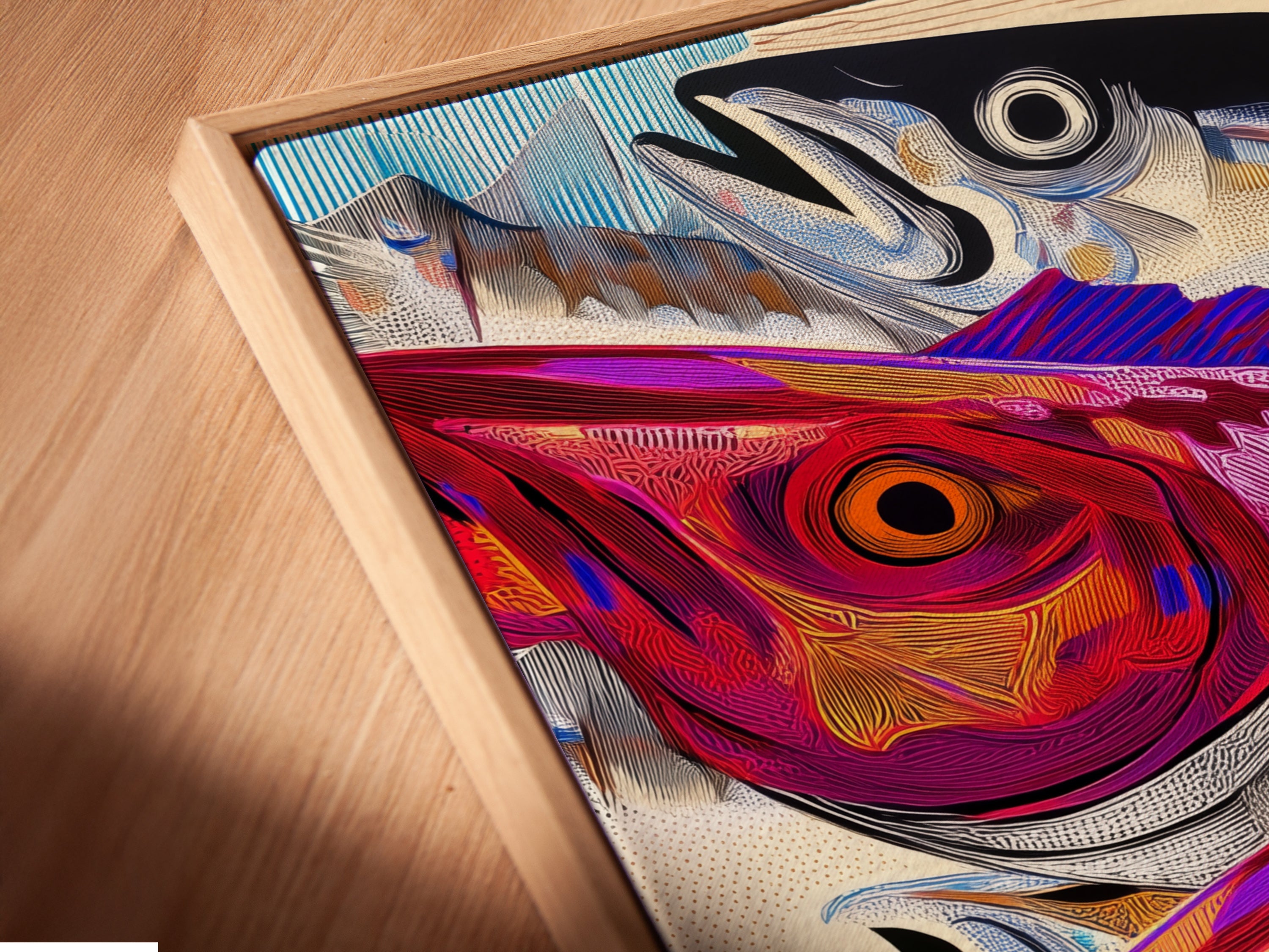 A close-up angled view shows the canvas print in a floating frame. The floating frame gives a modern look to the sea life artwork. The colorful fish art becomes a focal point. Perfect for any room.