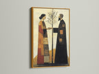 Modern folk art canvas print in a gold frame. The artwork depicts a couple planting a tree. This contemporary print features earthy tones. It is perfect for a bedroom wall or office. The art brings warmth to any interior.