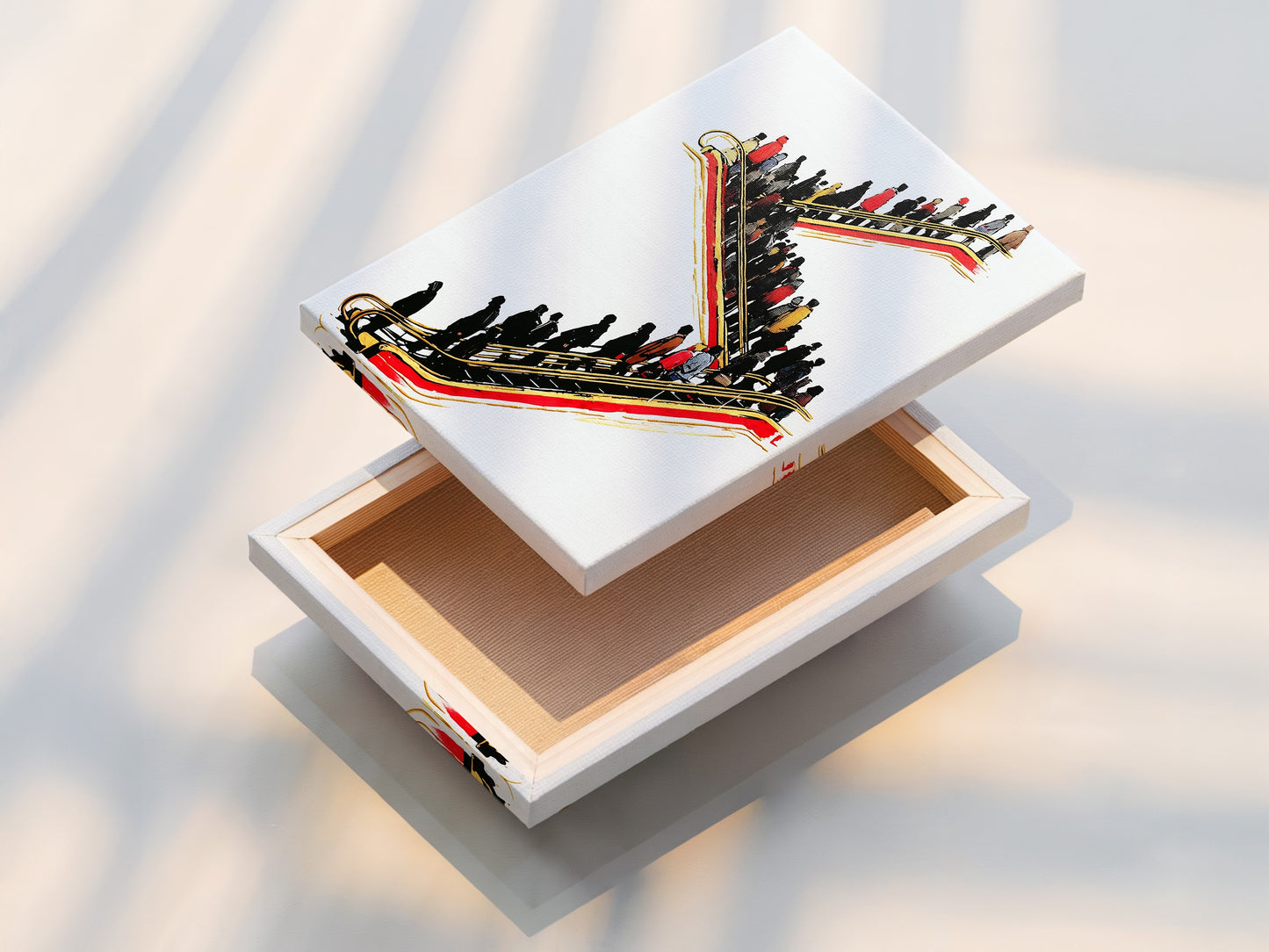 A close-up of a stretched canvas print showcasing its texture. The canvas enhances the artwork's depth. This escalator art is ready to hang and enjoy. The red and gold accents bring sophistication. Ideal for modern office and waiting room decor. It fits minimalist and contemporary styles.