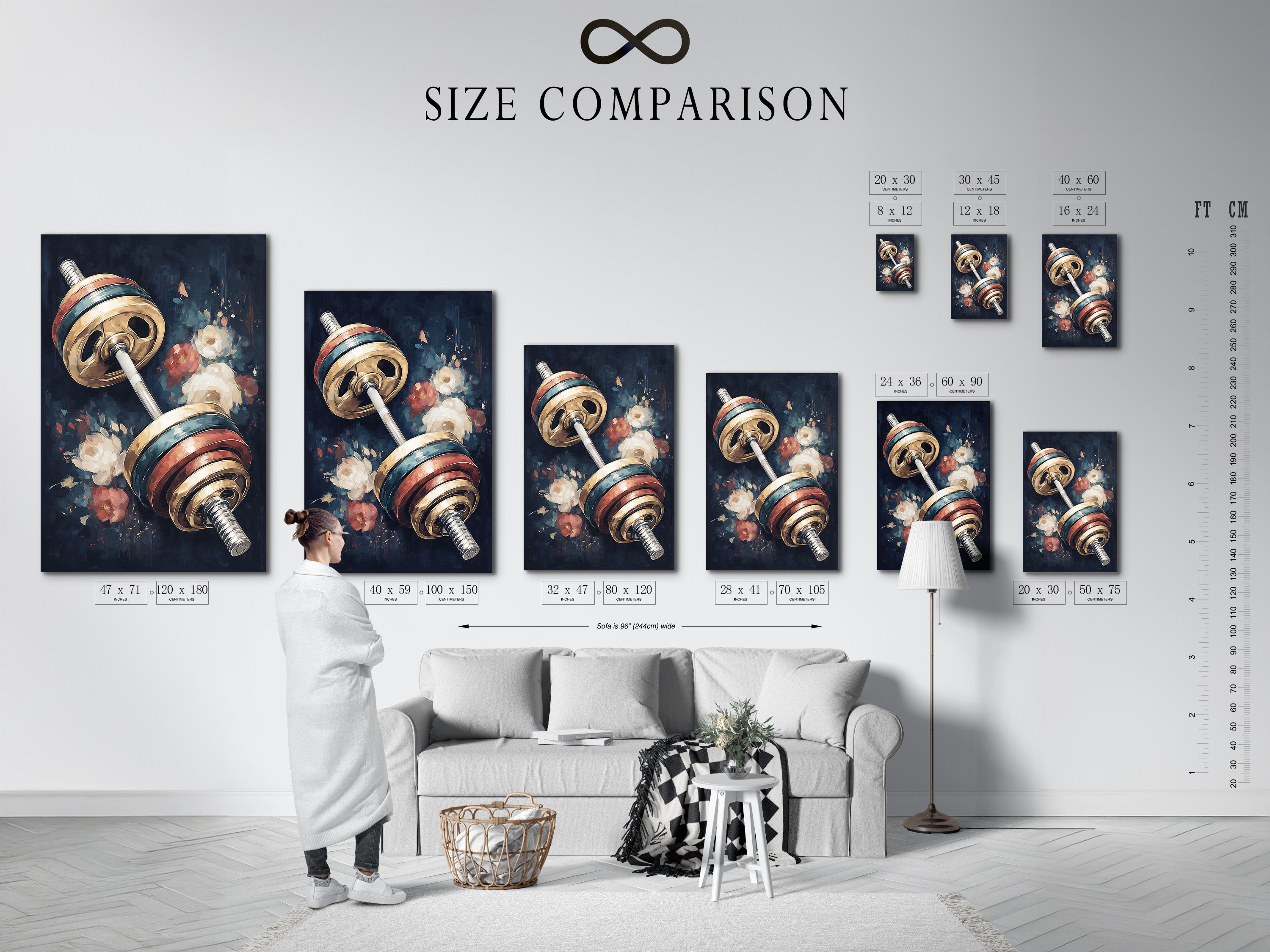Size comparison chart in an interior setting. Visualize the perfect fit for your barbell art print. Choose the ideal size to enhance your home gym or workout room decor.