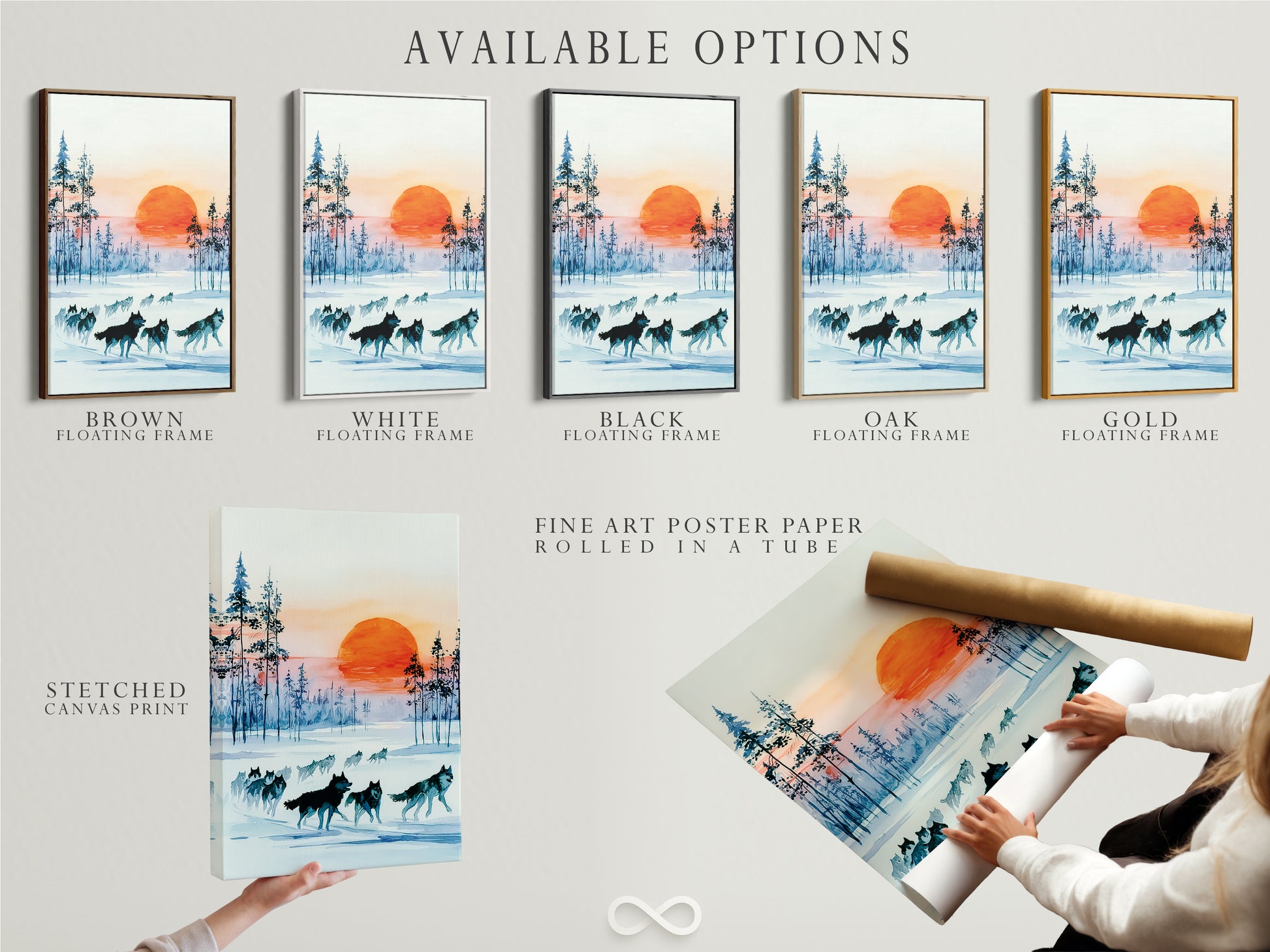 Available options: stretched canvas print fine art poster paper and floating frame. Choose your preferred format for the wolf art winter forest piece. Perfect teal blue landscape for cabin or modern decor.