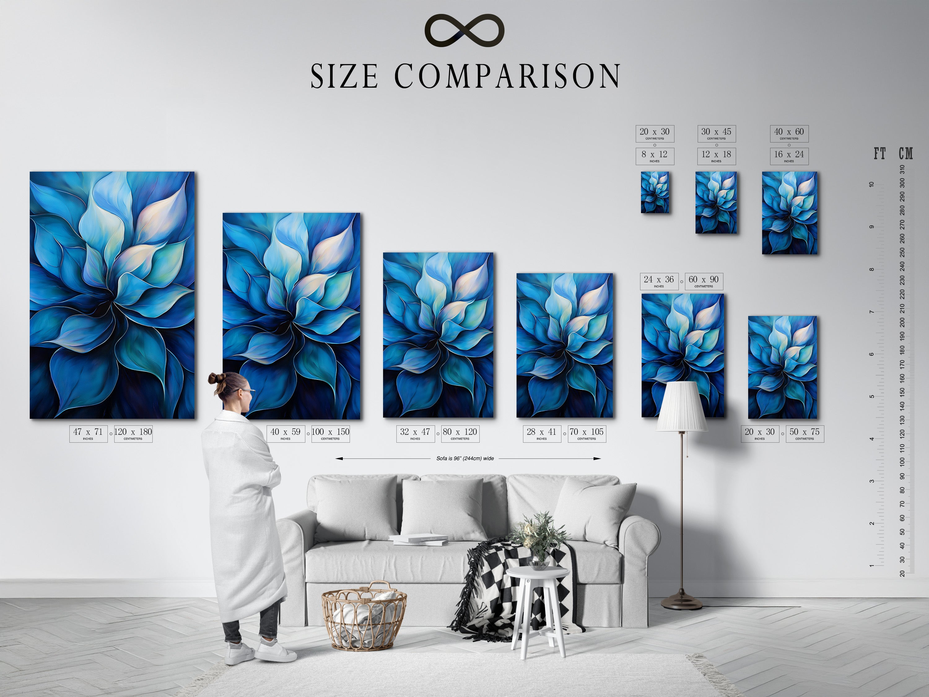 This is a size comparison chart in an interior setting. It helps customers visualize the art in different sizes. The chart shows how the blue flower artwork fits in various spaces. This is a useful tool for homeowners and interior decorators. It ensures the perfect fit for any room.