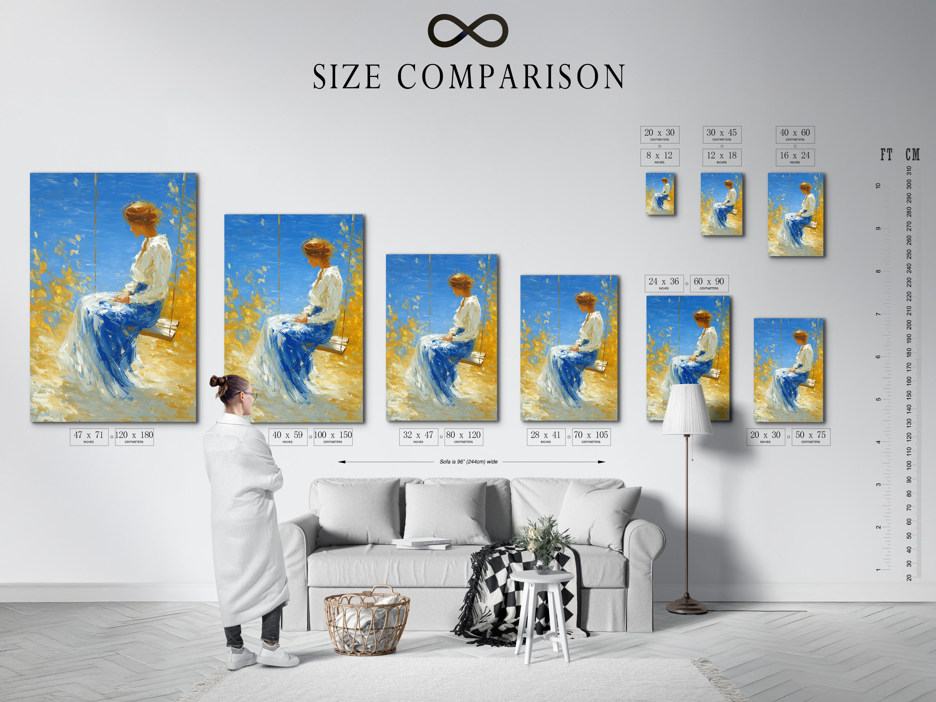 A size comparison chart is displayed in an interior setting. The chart helps visualize different artwork sizes. See how various sizes fit in a room. This chart assists in choosing the perfect artwork size. Find the size you need.