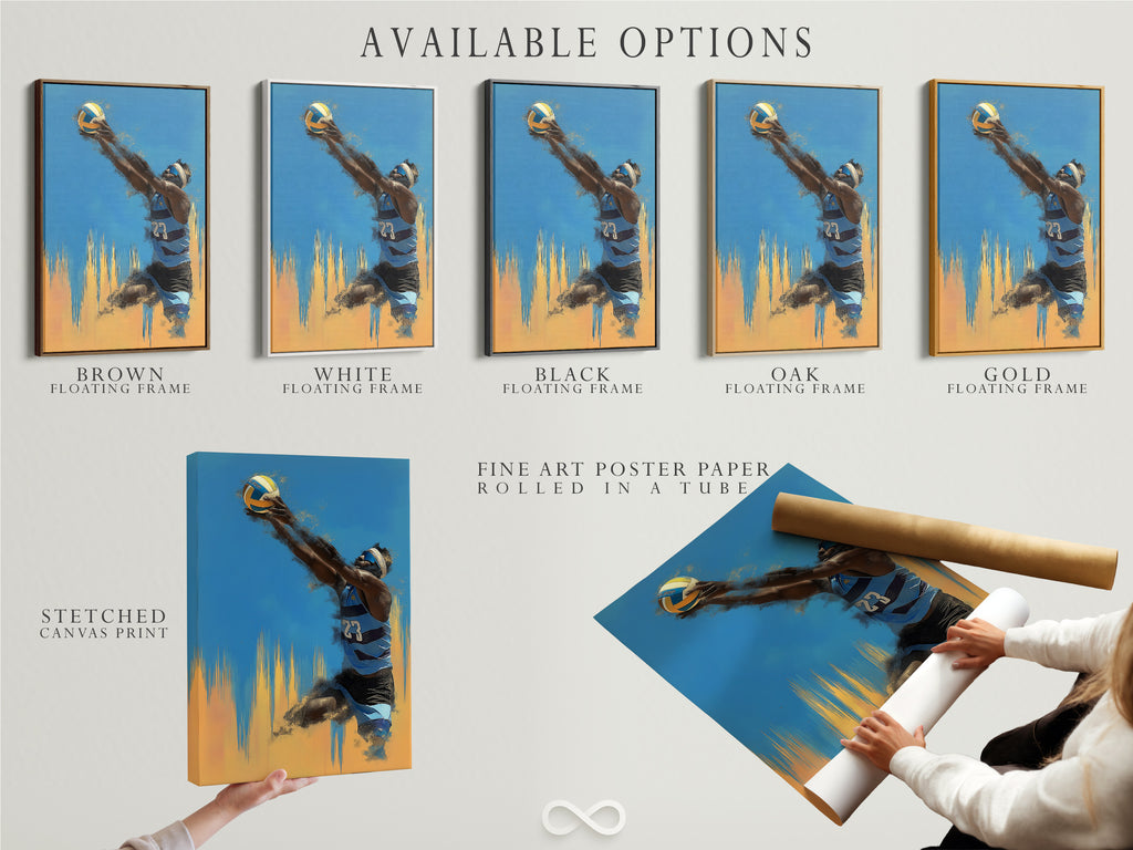 Available options for the Volleyball Player Artwork. Choose from a stretched canvas print fine art poster paper or floating frame. Customize your artwork to match your style. Perfect for sports wall art.
