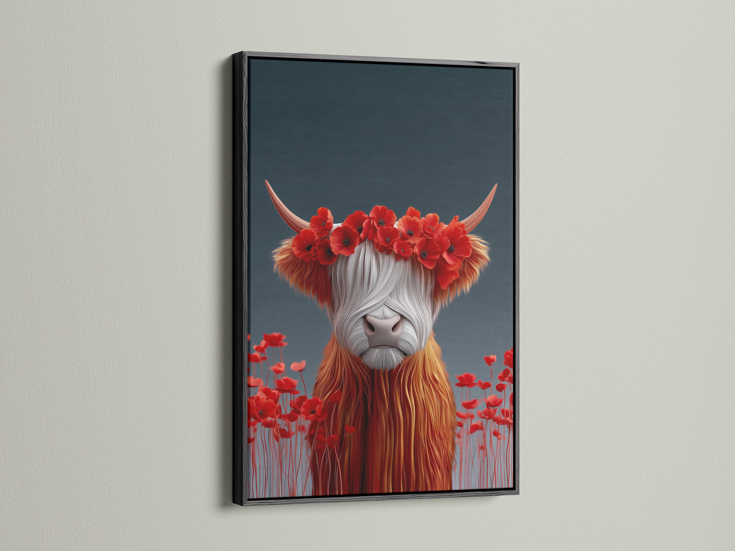 The Highland Cow artwork is showcased in a sleek black frame. This classic frame enhances the artwork's vibrant red poppy crown. It's great for a sophisticated dining room art piece. Add a touch of elegance to your space