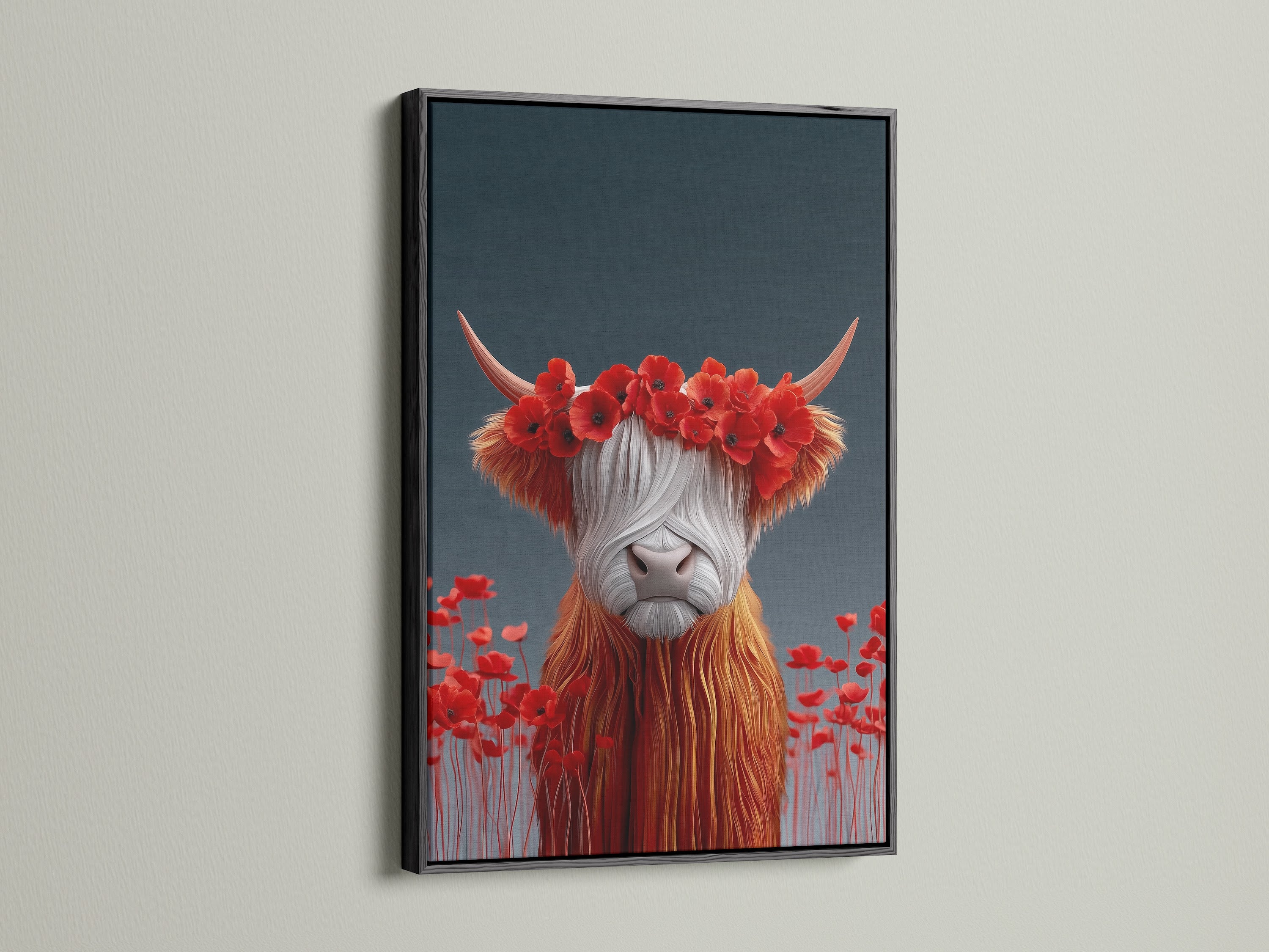 The Highland Cow artwork is showcased in a sleek black frame. This classic frame enhances the artwork's vibrant red poppy crown. It's great for a sophisticated dining room art piece. Add a touch of elegance to your space