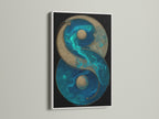 Yin Yang canvas art with teal blue and gold accents displayed in a white frame. This zen canvas print adds a touch of spiritual decor to your living room. The balance symbol artwork enhances mindfulness and creates a harmonious atmosphere. Perfect for contemporary wall decor.
