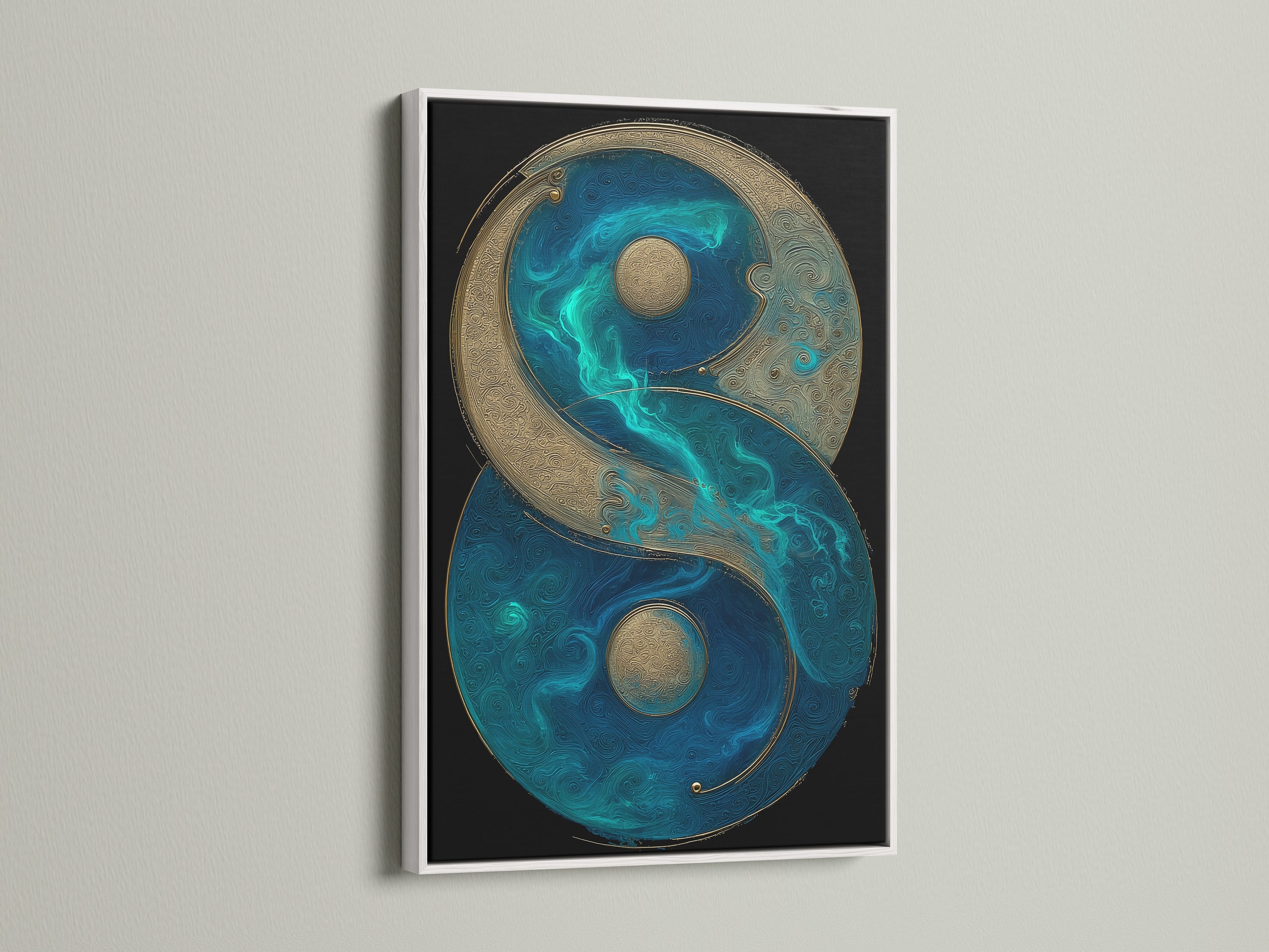 Yin Yang canvas art with teal blue and gold accents displayed in a white frame. This zen canvas print adds a touch of spiritual decor to your living room. The balance symbol artwork enhances mindfulness and creates a harmonious atmosphere. Perfect for contemporary wall decor.