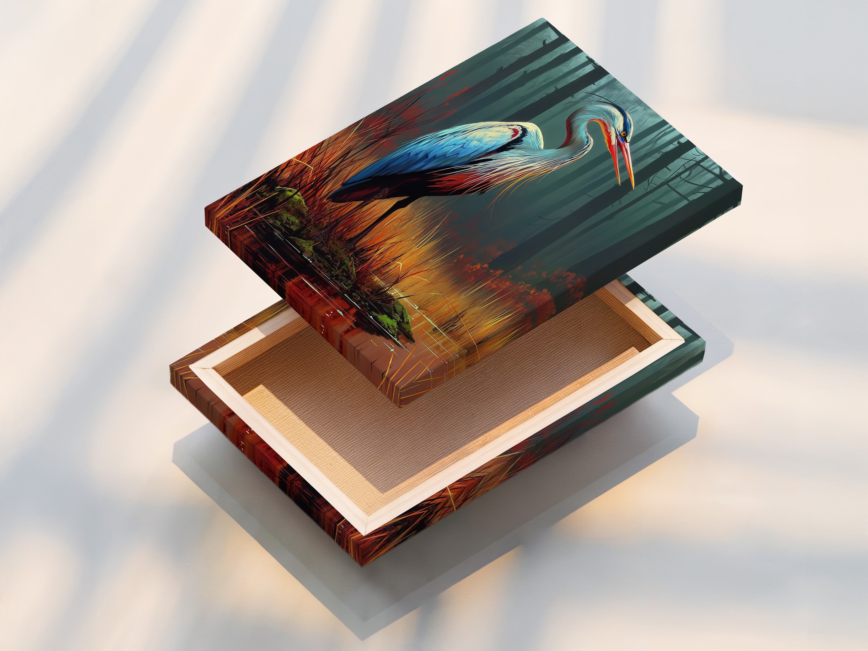 A stretched canvas print showcases vibrant heron artwork. The teal and orange bird art is ready to hang. This modern nature artwork enhances any space. Ideal for living rooms offices and bedrooms. Discover the beauty of bird canvas prints and nature wall art for your decor.