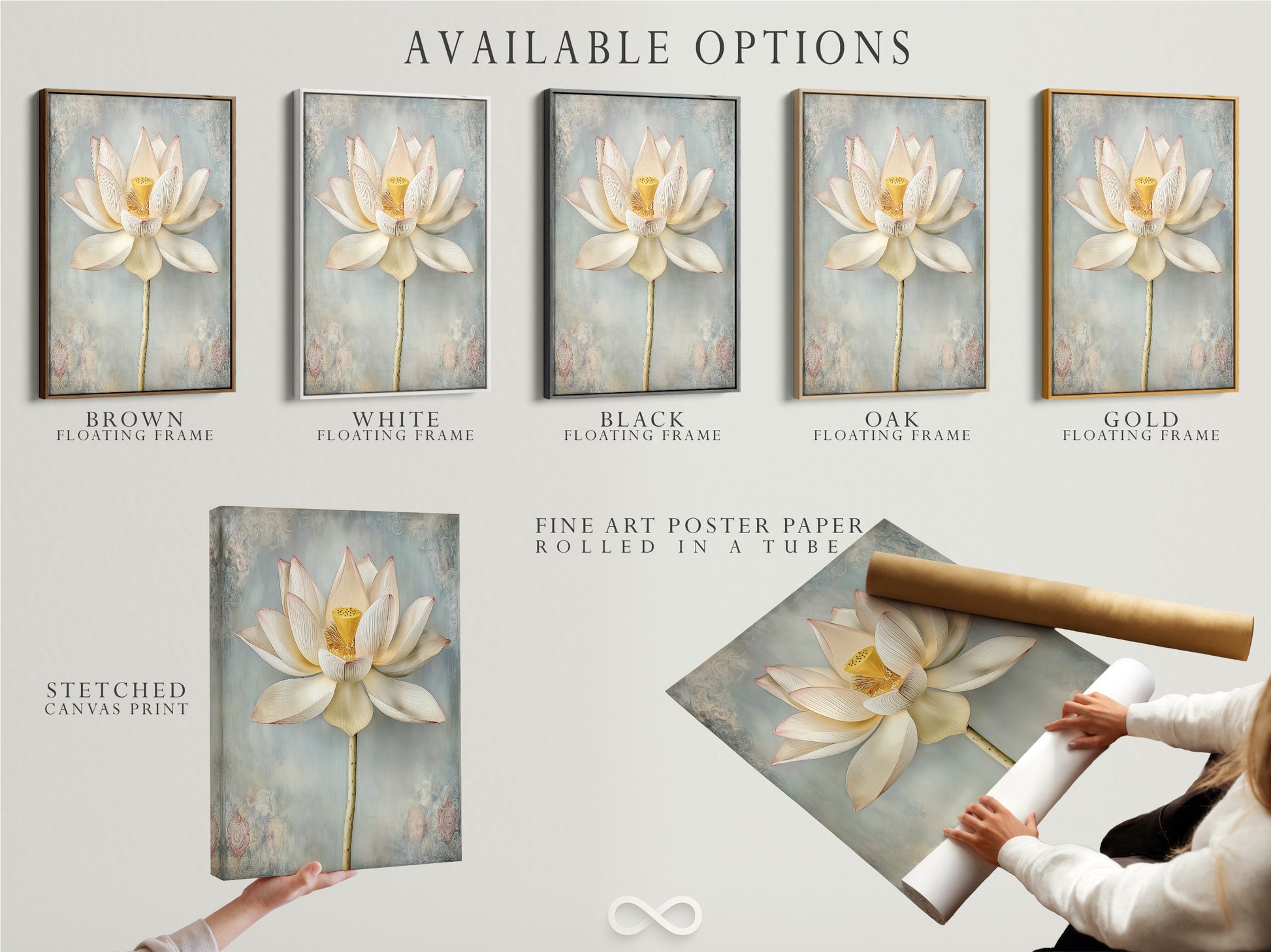 Available options for Lotus Flower artwork. Choose from stretched canvas print fine art poster paper or floating frame. Find the perfect style for your modern botanical wall art. Calming zen decor for any space.