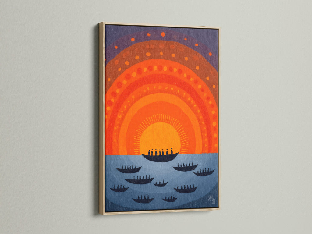 Sunset Boats canvas print in an oak frame.  The orange and blue nautical poster adds a touch of mid-century modern style to any space. This retro wall decor is ideal for living rooms bedrooms or offices.
