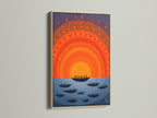 Sunset Boats canvas print in an oak frame.  The orange and blue nautical poster adds a touch of mid-century modern style to any space. This retro wall decor is ideal for living rooms bedrooms or offices.