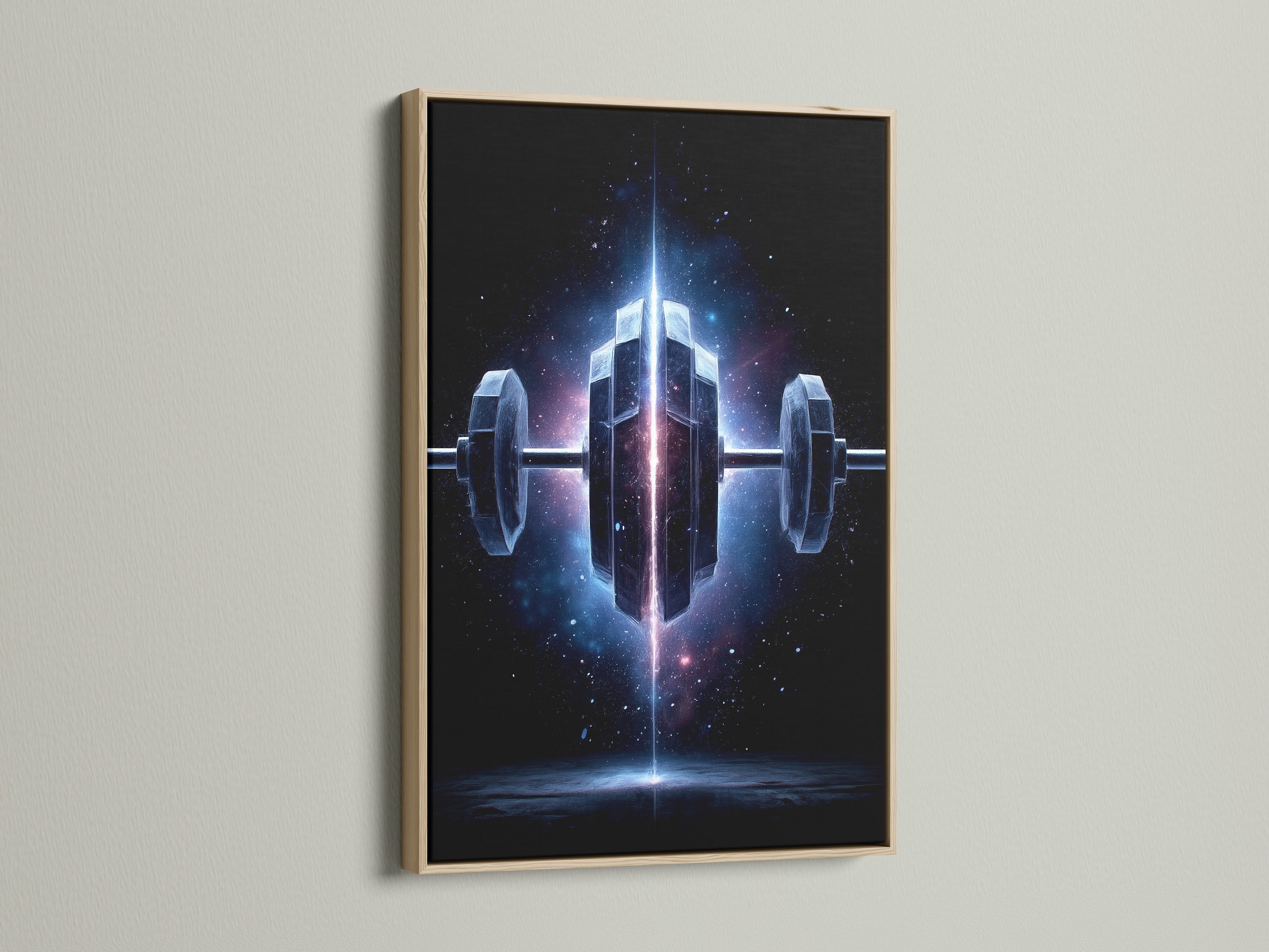 A close-up of the Cosmic Dumbbell art. The print is in an oak frame. Ideal for home gym wall art. The space fitness print features blue and black colors. Bring motivation to your personal training facility decor.
