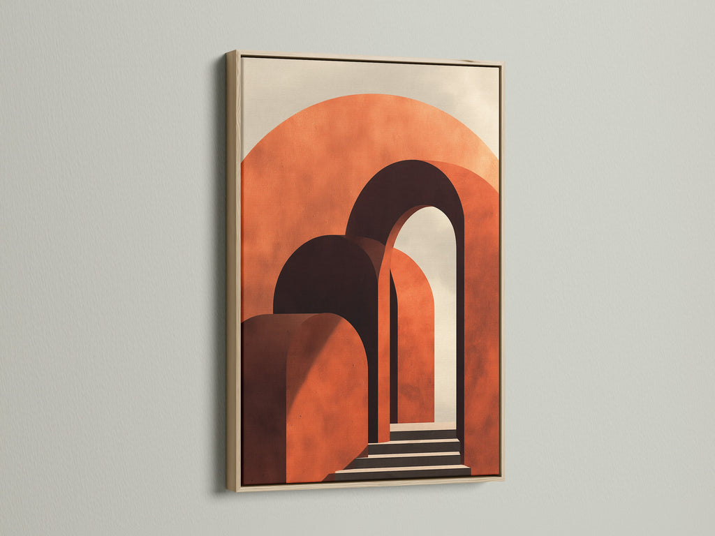 Artwork with an oak frame hangs against a bright white wall. The art presents an array of arches in terracotta tones. The oak frame enhances the artwork's warmth and invites a touch of nature into the space.