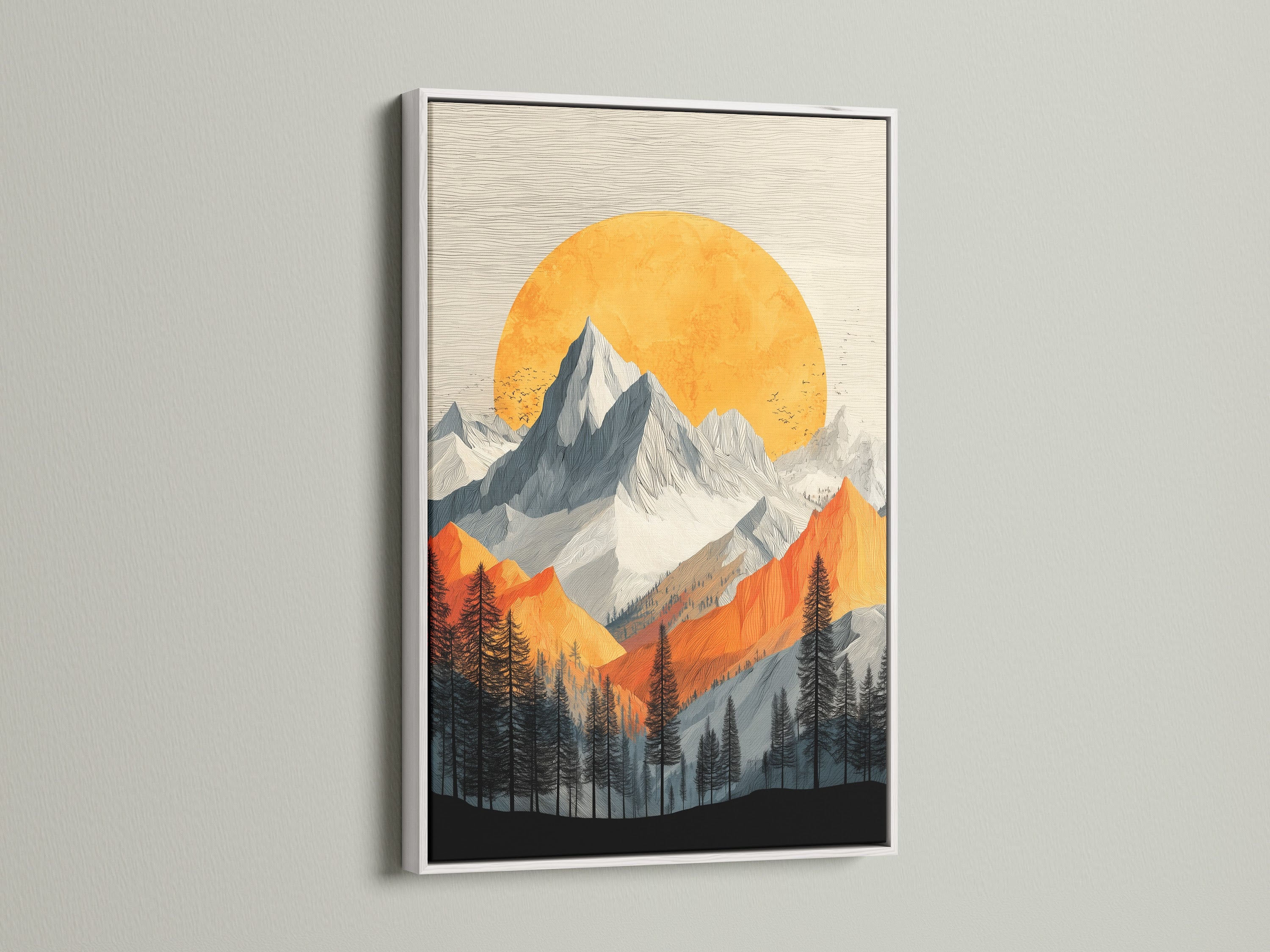 Mountain Sunset artwork in a white frame. This artwork presents a vintage alpine scene. The orange and gray nature print enhances bedroom wall decor. Ideal for minimalist contemporary styles. This piece brings a serene and stylish touch to any home office or living room.