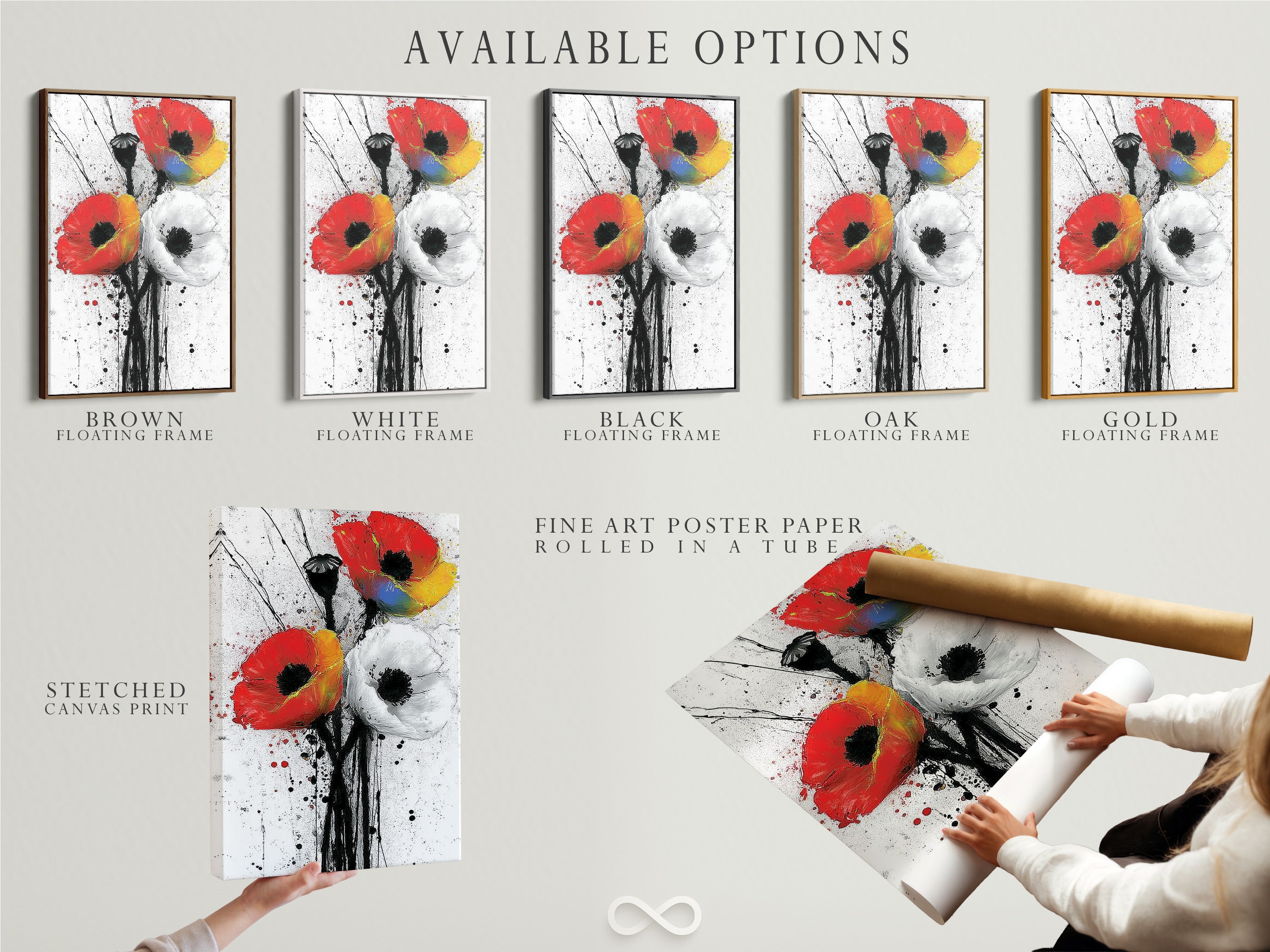 Explore available options for Abstract Poppy artwork. Choose from a stretched canvas print or a fine art poster paper. Consider a floating frame for a modern touch. The red and white floral print is perfect for any style. Enhance your bedroom wall decor or office wall art today.