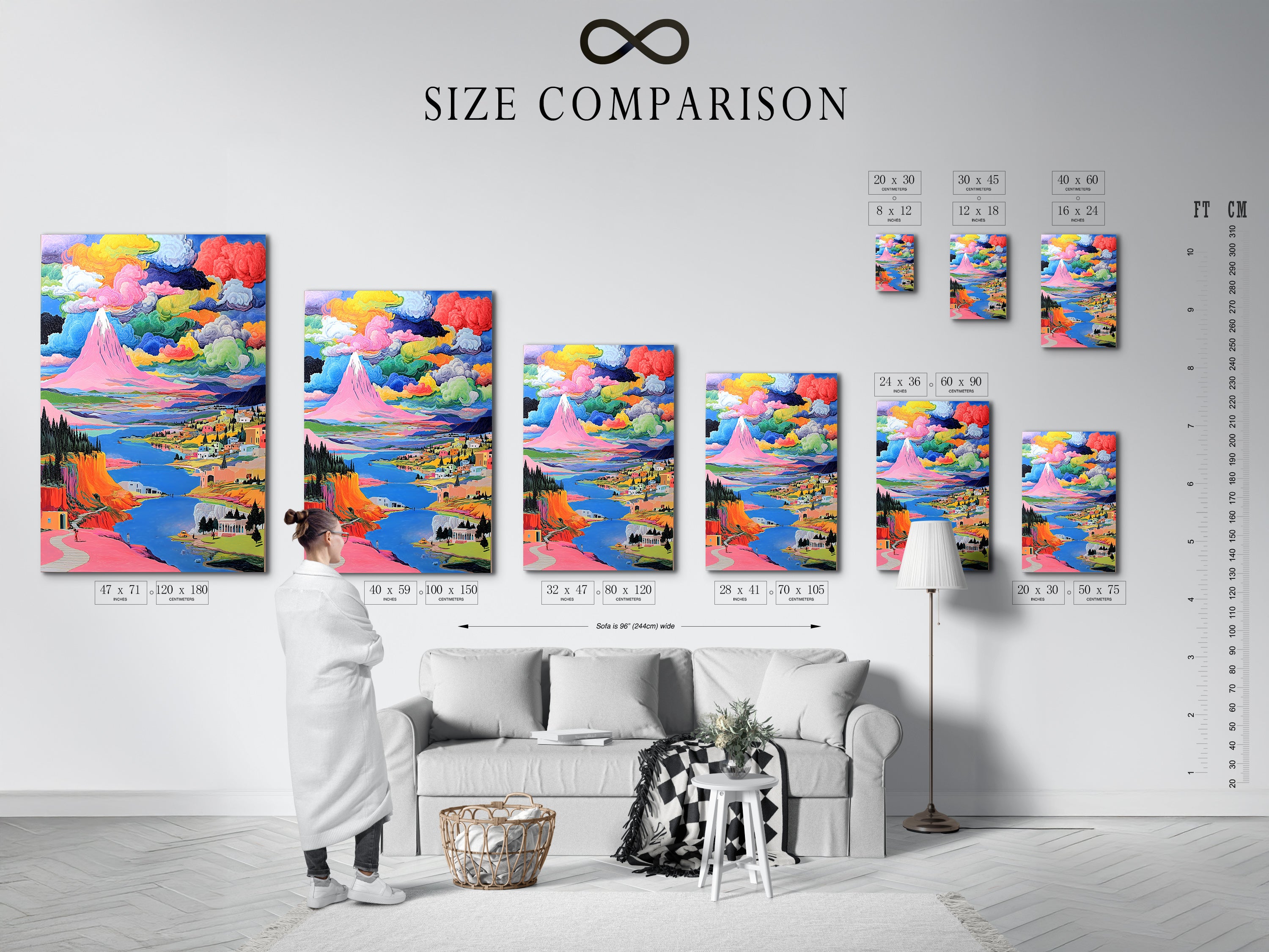 A size comparison chart is displayed in an interior setting. The chart showcases various sizes of a colorful mountain artwork canvas print. This whimsical landscape wall art is perfect for visualizing home decor options. Pink and teal hues are featured.