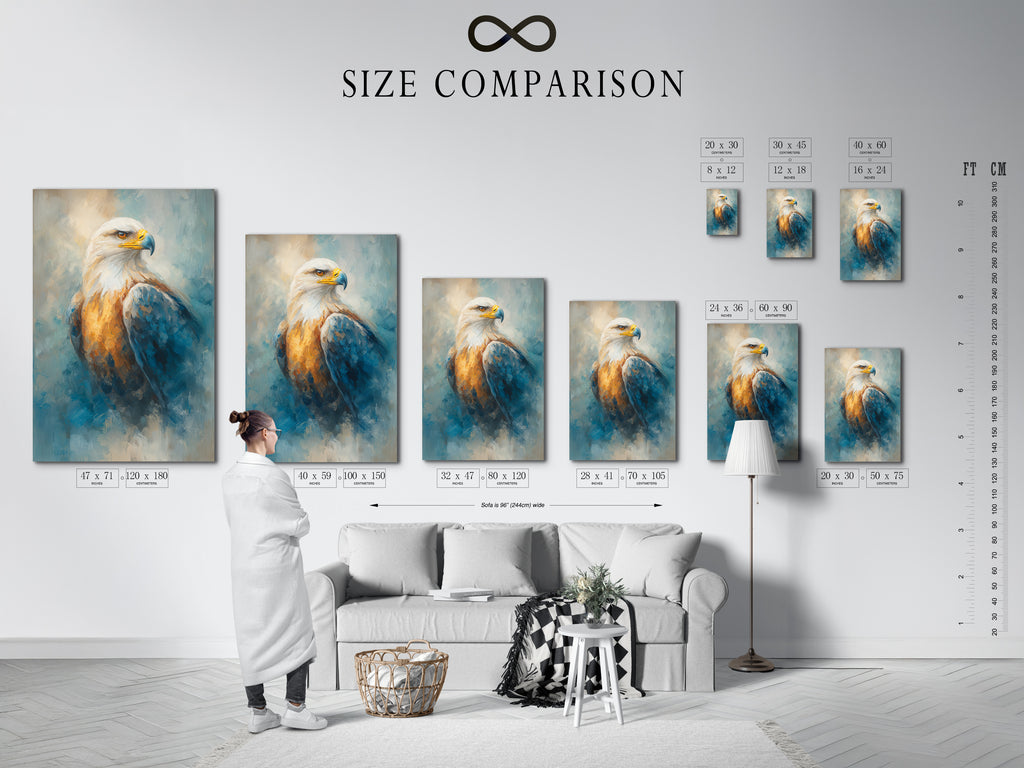 Size comparison chart in an interior setting. See how our eagle wall art fits your space. Our majestic bird canvas prints enhance any room. Perfect for patriotic decor and wildlife art. Visualize the impact of American eagle artwork. We offer various sizes to suit your needs. Find the perfect fit for your office or home today.