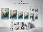 Size comparison chart in an interior setting. See how our eagle wall art fits your space. Our majestic bird canvas prints enhance any room. Perfect for patriotic decor and wildlife art. Visualize the impact of American eagle artwork. We offer various sizes to suit your needs. Find the perfect fit for your office or home today.