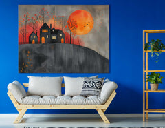 Rustic Village Silhouette Under Full Moon Wall Hanging