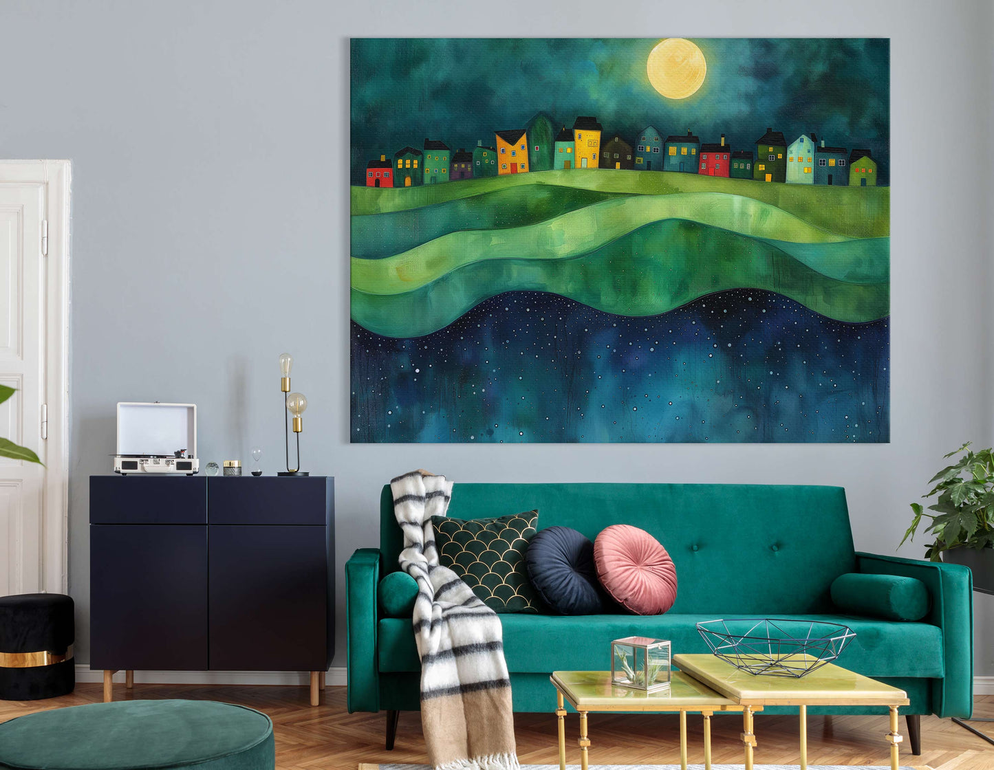 Night Sky Village Canvas Art