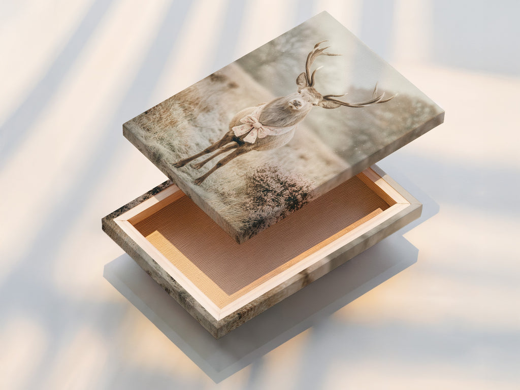 This is a stretched canvas print of a deer with a bow tie. The stretched canvas print is ready to hang. Perfect for adding a touch of vintage charm to your space. Ideal for woodland nursery decor and rustic wall art. The canvas print ensures the artwork looks vibrant and detailed. The primary color is beige.