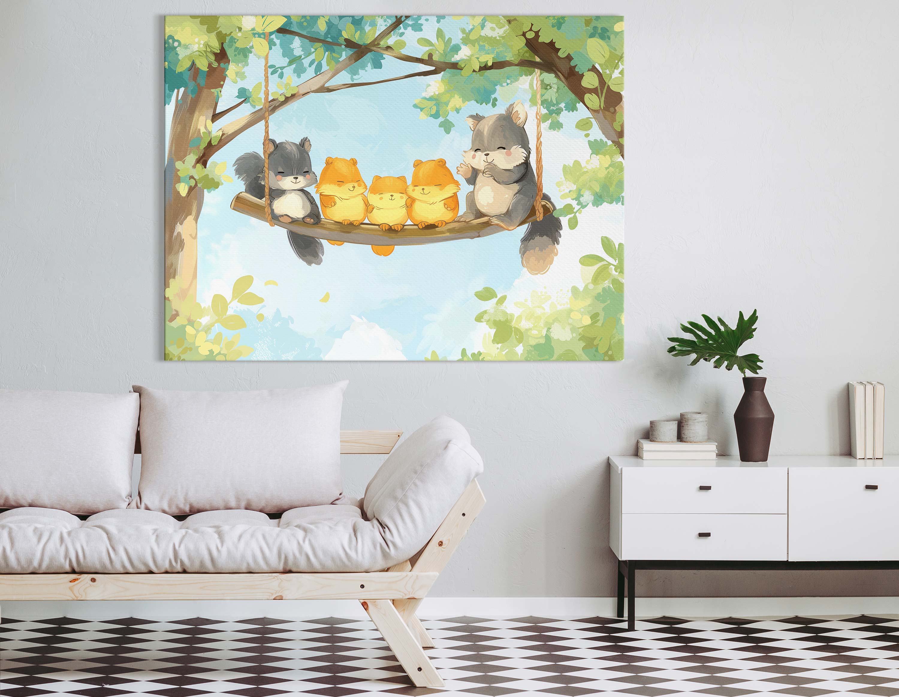Playful Baby Squirrels on Swing Canvas Art