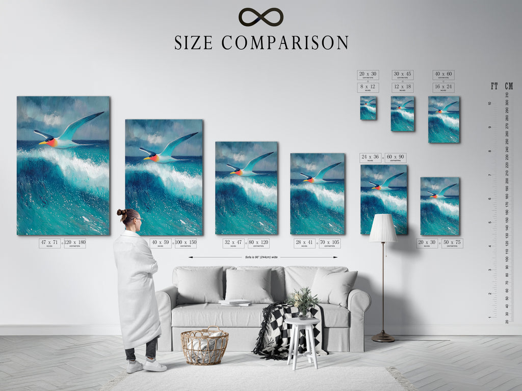 Size comparison chart in interior. Visualize the perfect size for your space. The seagull artwork is available in various sizes. Find the ideal fit for your bathroom living room or bedroom.