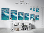 Size comparison chart in interior. Visualize the perfect size for your space. The seagull artwork is available in various sizes. Find the ideal fit for your bathroom living room or bedroom.