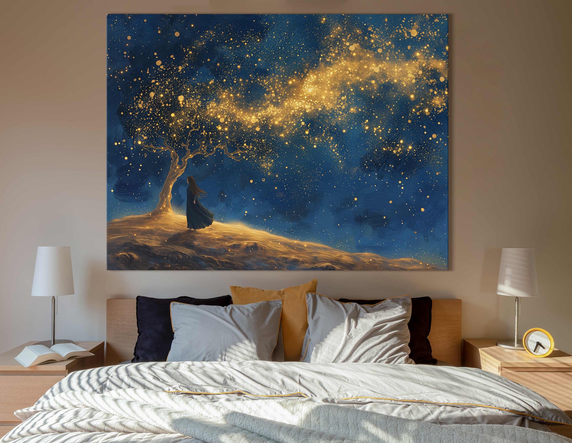 Mystical Figure under Starlit Tree Modern Wall Decor