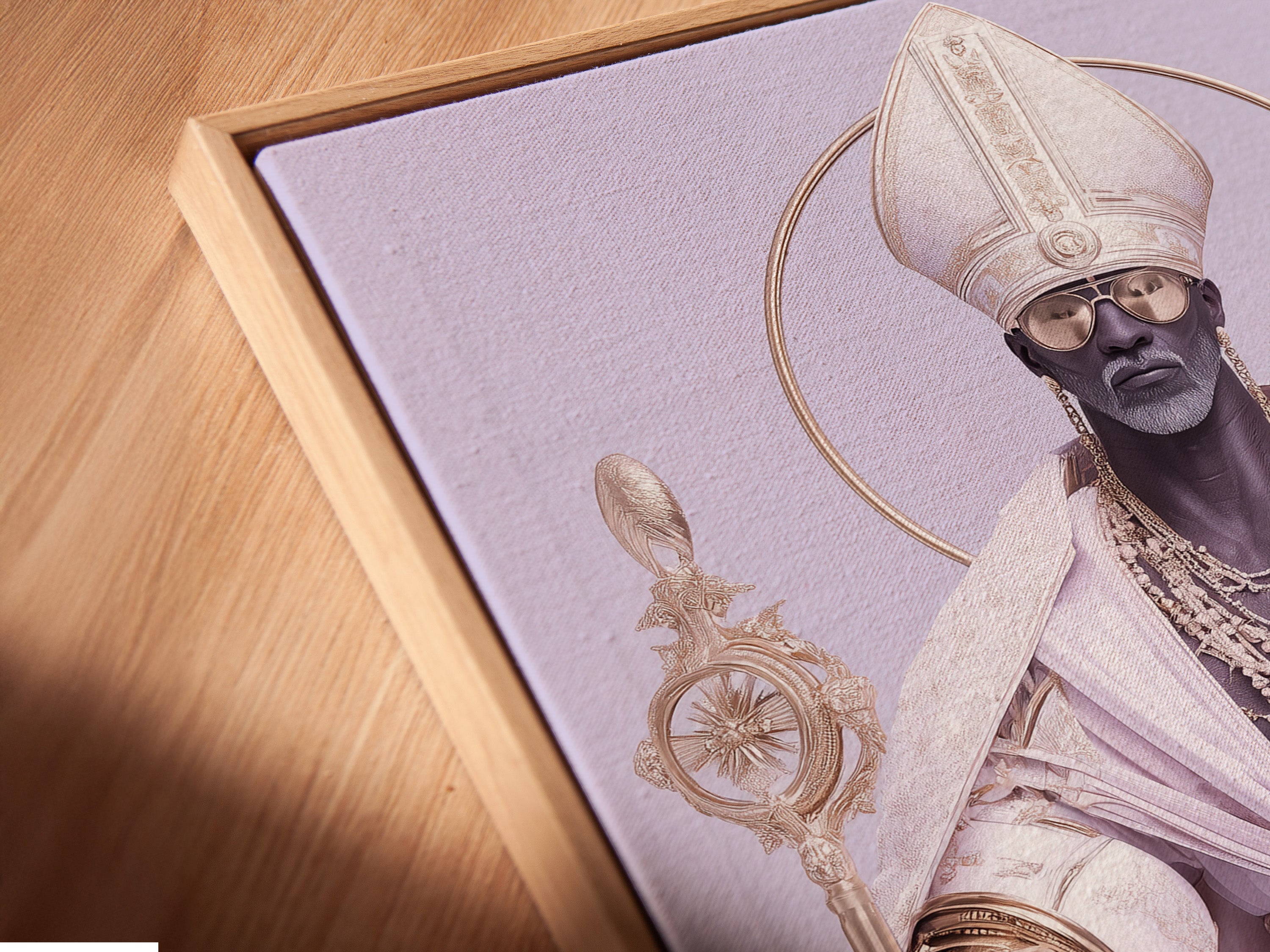 A close-up angled view of a canvas print in a floating frame. The religious artwork features Saint Nicholas with contemporary gold and purple colors. The floating frame adds a modern touch. It is ideal for adding religious wall art to any space seeking spiritual artwork